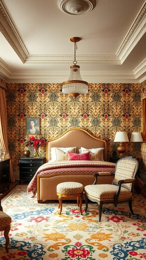 A bedroom featuring Art Deco design elements including floral wallpaper, a plush bed, and elegant furniture.