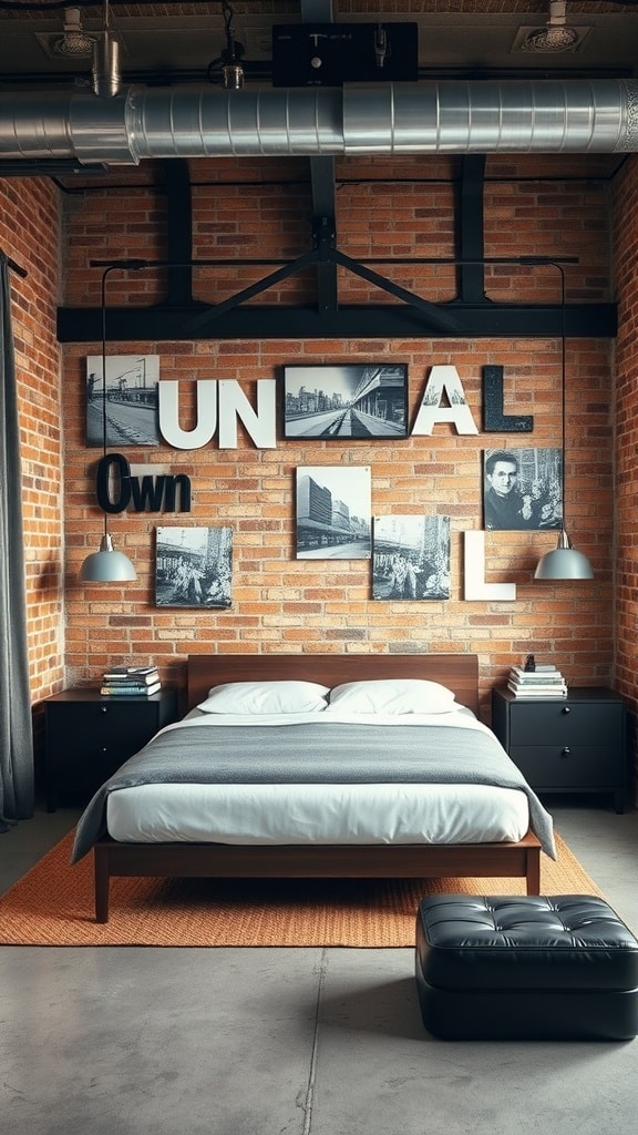 Interior of an industrial chic loft bedroom with a brick wall, modern furniture, and stylish decor.