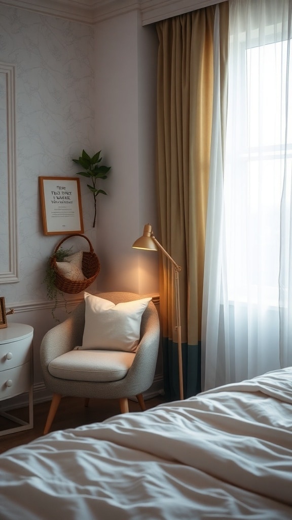 Cozy bedroom nook with a chair, lamp, and plants
