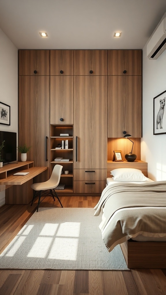 A modern bedroom designed for functionality with wooden cabinets, a working desk, and cozy textiles.