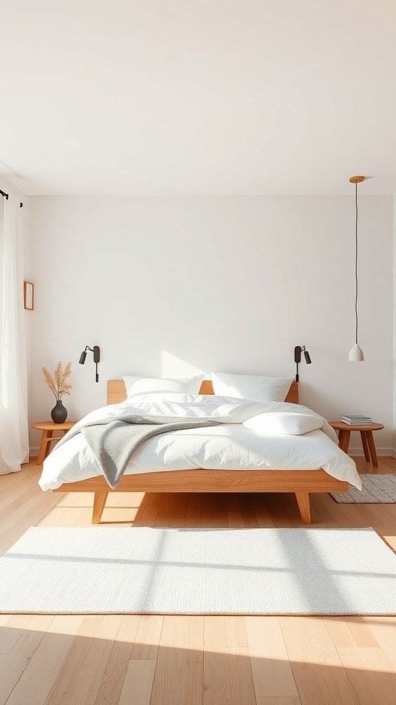A minimalist Scandinavian bedroom with wooden furniture, white bedding, and natural light.
