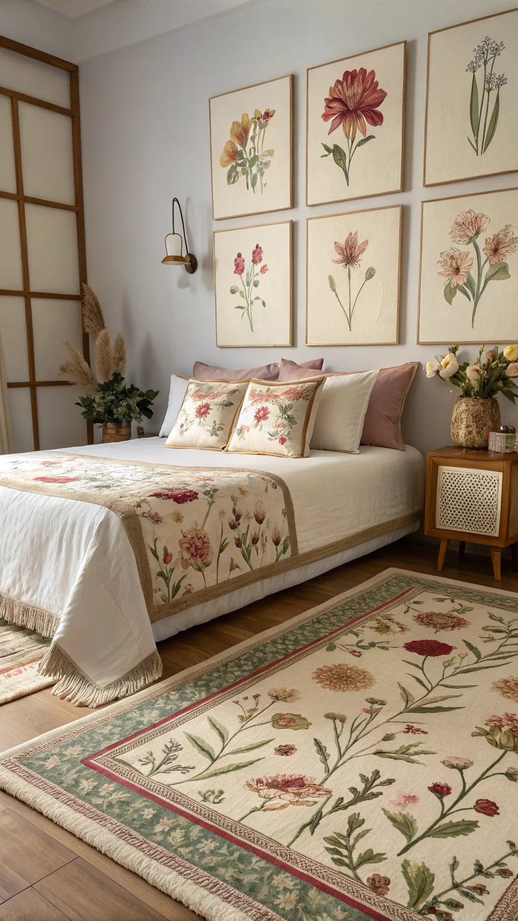 A beautifully decorated bedroom with floral accents on bedding, cushions, and wall art.