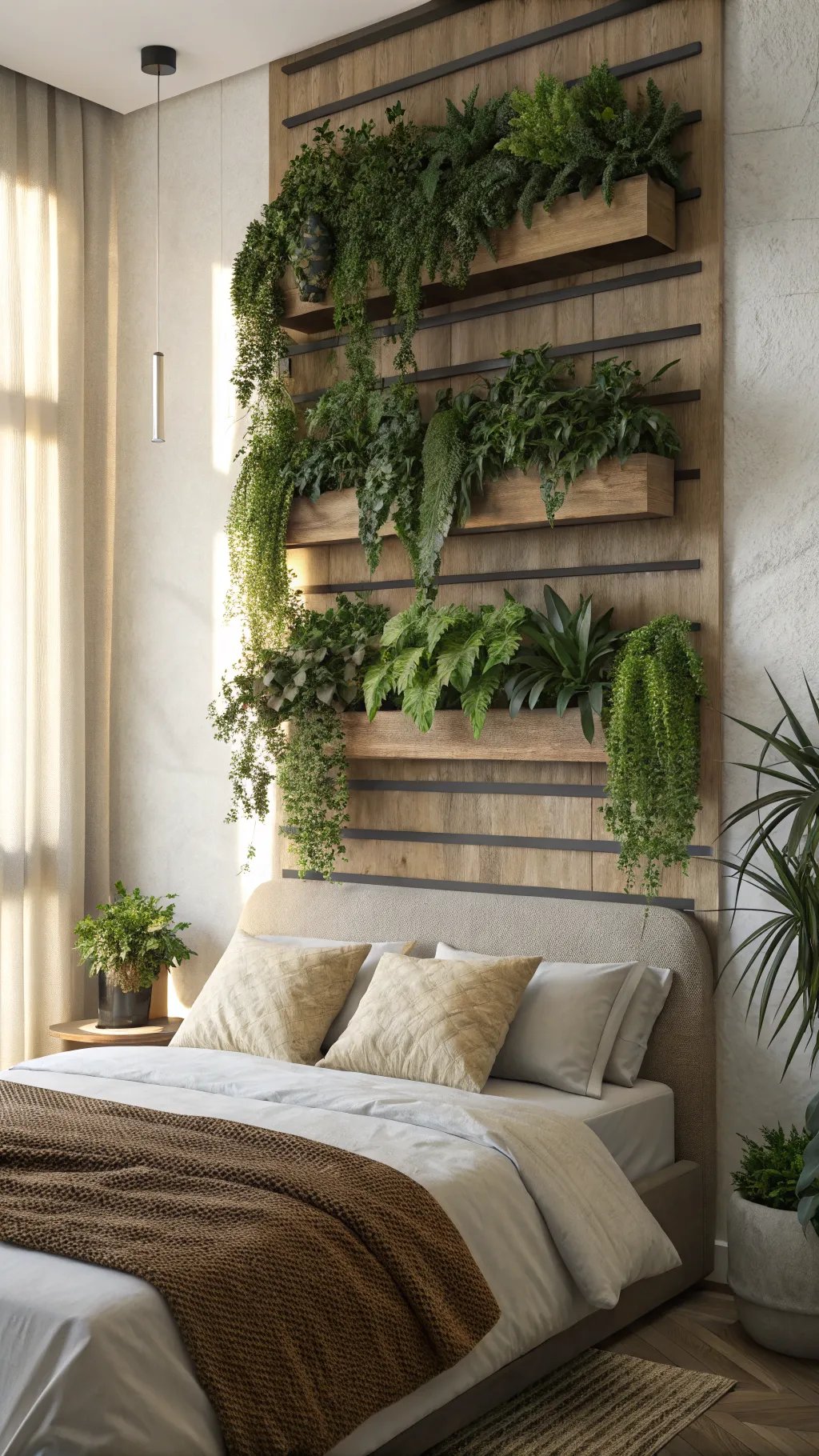 Stylish wall-mounted planters with lush greenery above a bed
