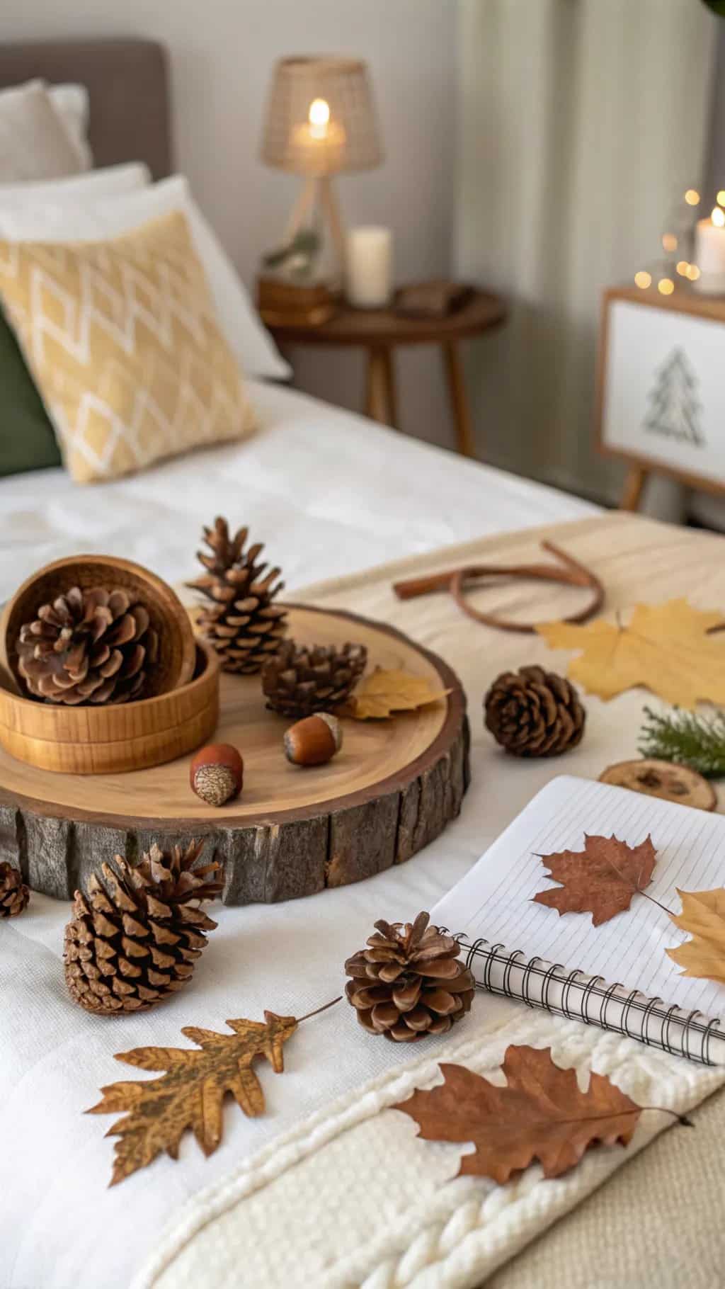 A serene bedroom showcasing fall decor with pinecones, acorns, and autumn leaves arranged on a bed with cozy pillows.