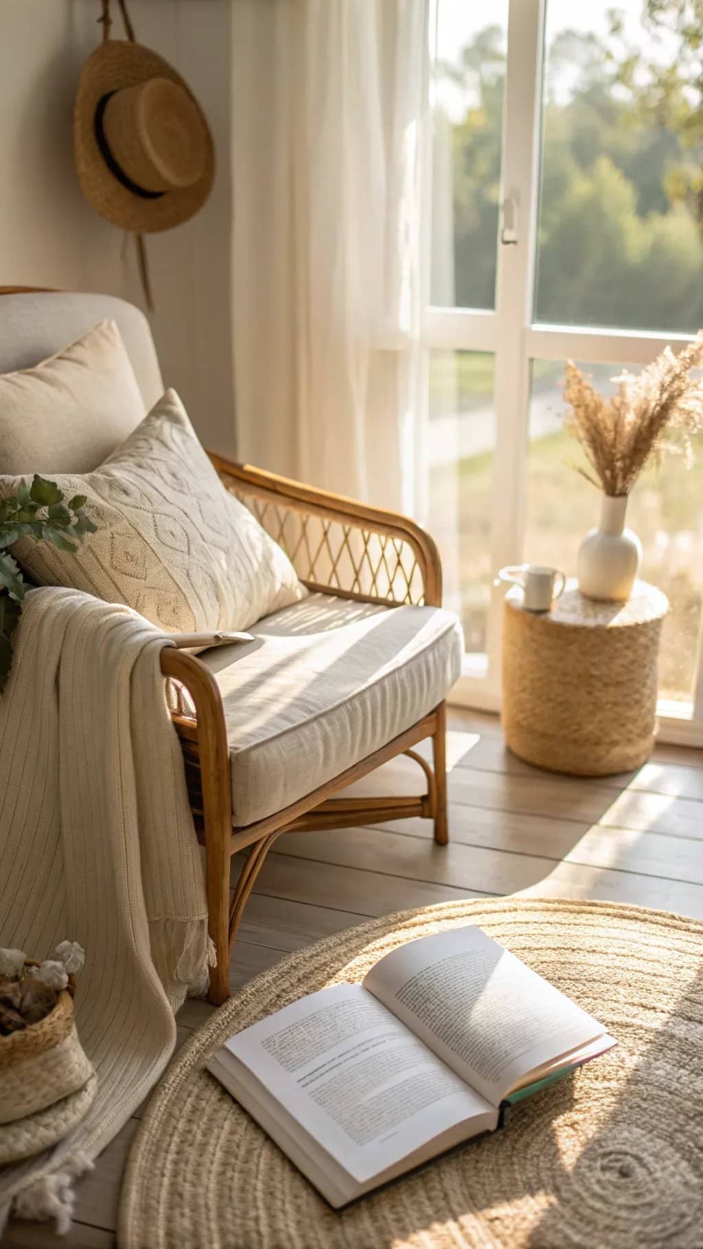 Cozy reading nook by a window featuring a rattan chair, a book on a circular rug, and soft natural lighting.