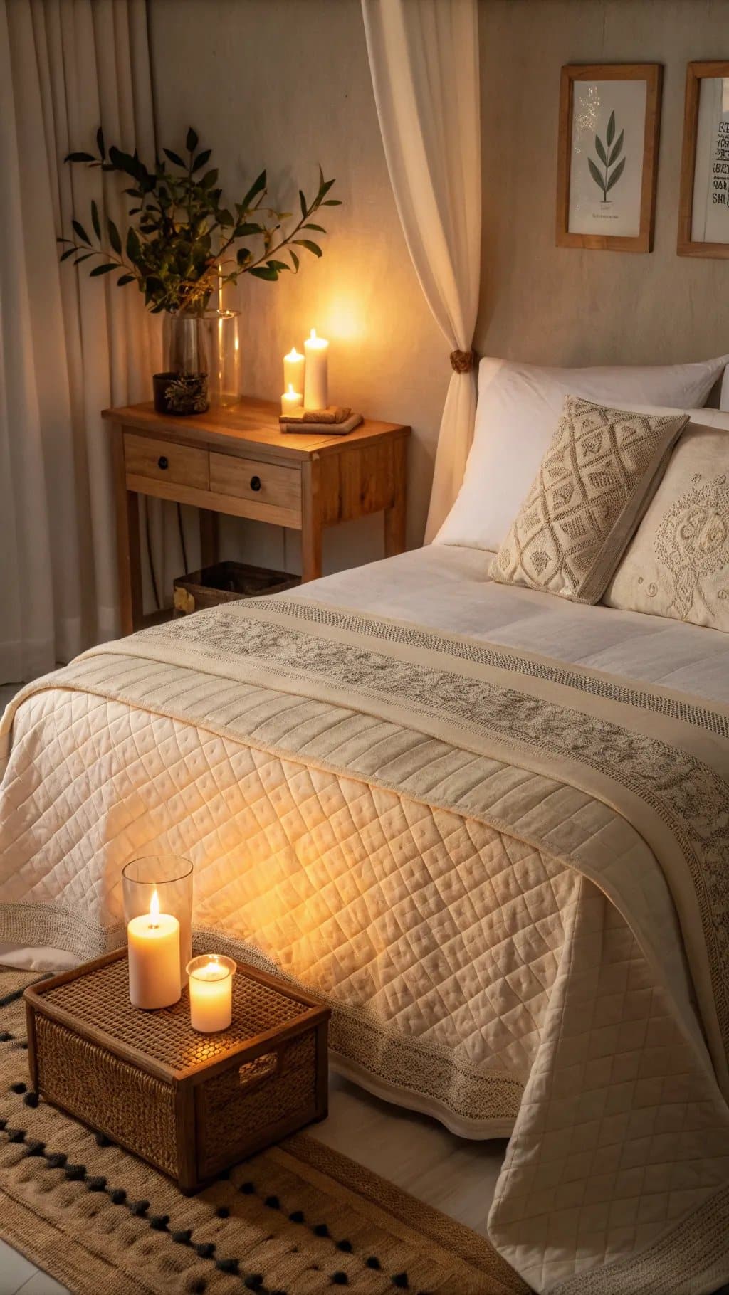 A fall-themed bedroom with soft candlelight illuminating a cozy bed setup.