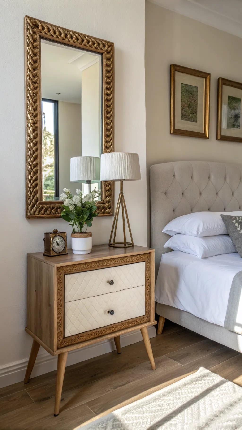 A beautifully styled bedroom featuring a chic framed mirror above a wooden nightstand with a lamp and plants.