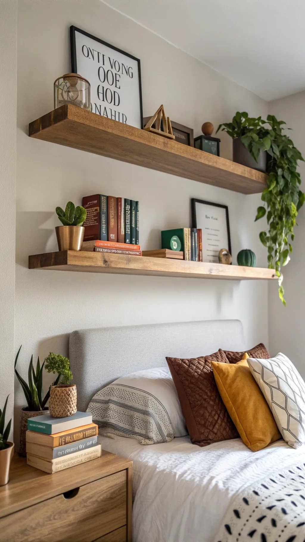 Elegant floating shelves displaying books, plants, and decor above a bed, creating a stylish bedroom atmosphere.
