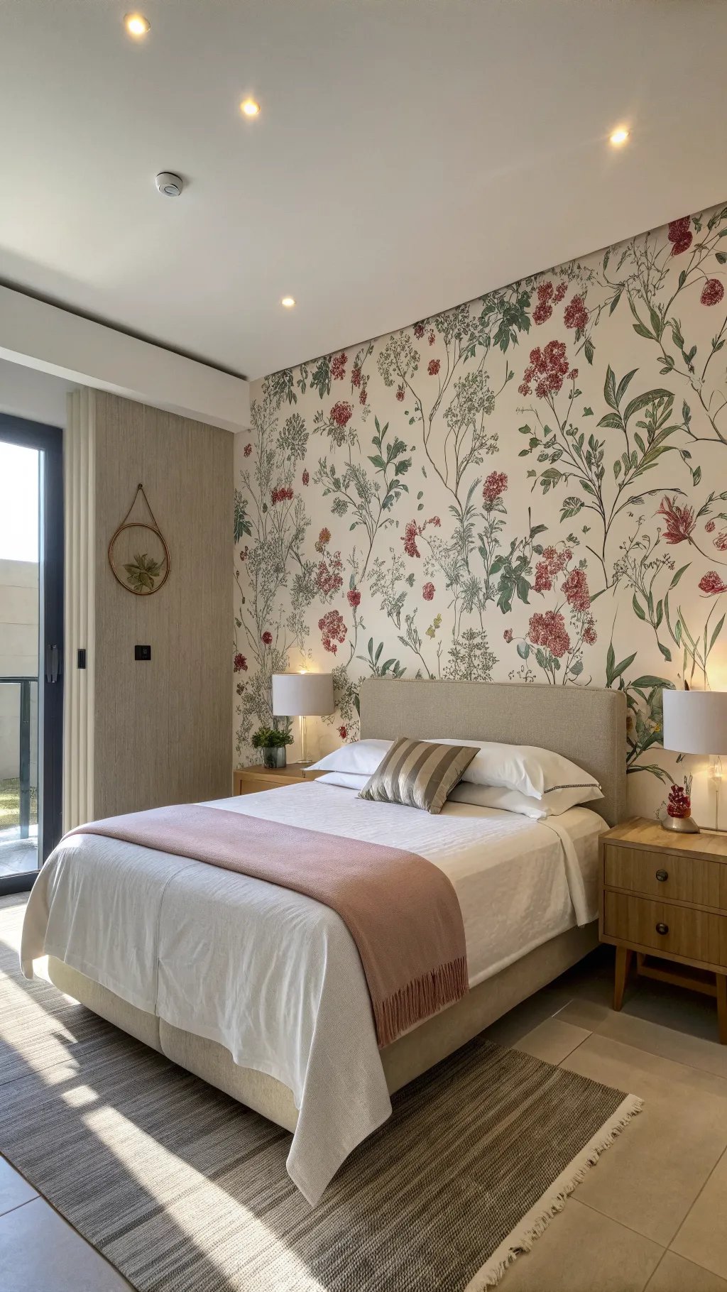 A bedroom featuring floral wallpaper, a bed with neutral linens, and soft lighting.
