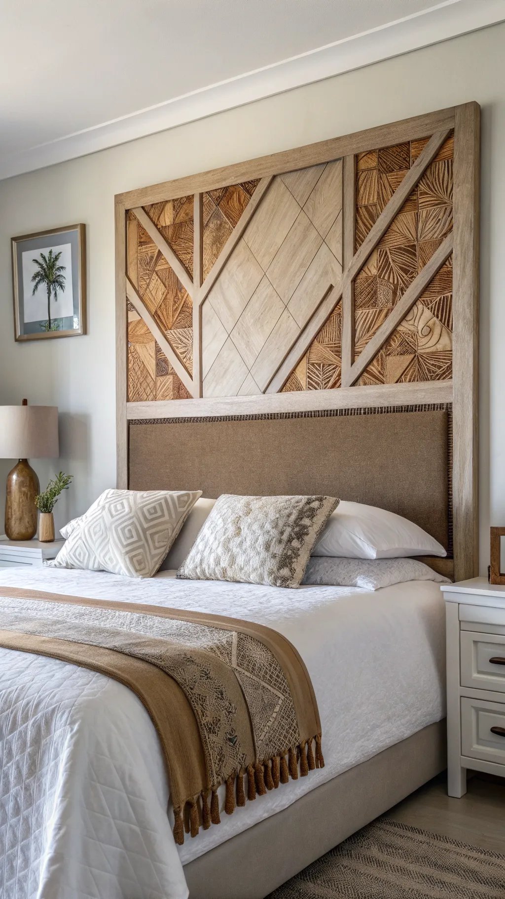 Stylish bedroom featuring a unique statement headboard with wood textures.