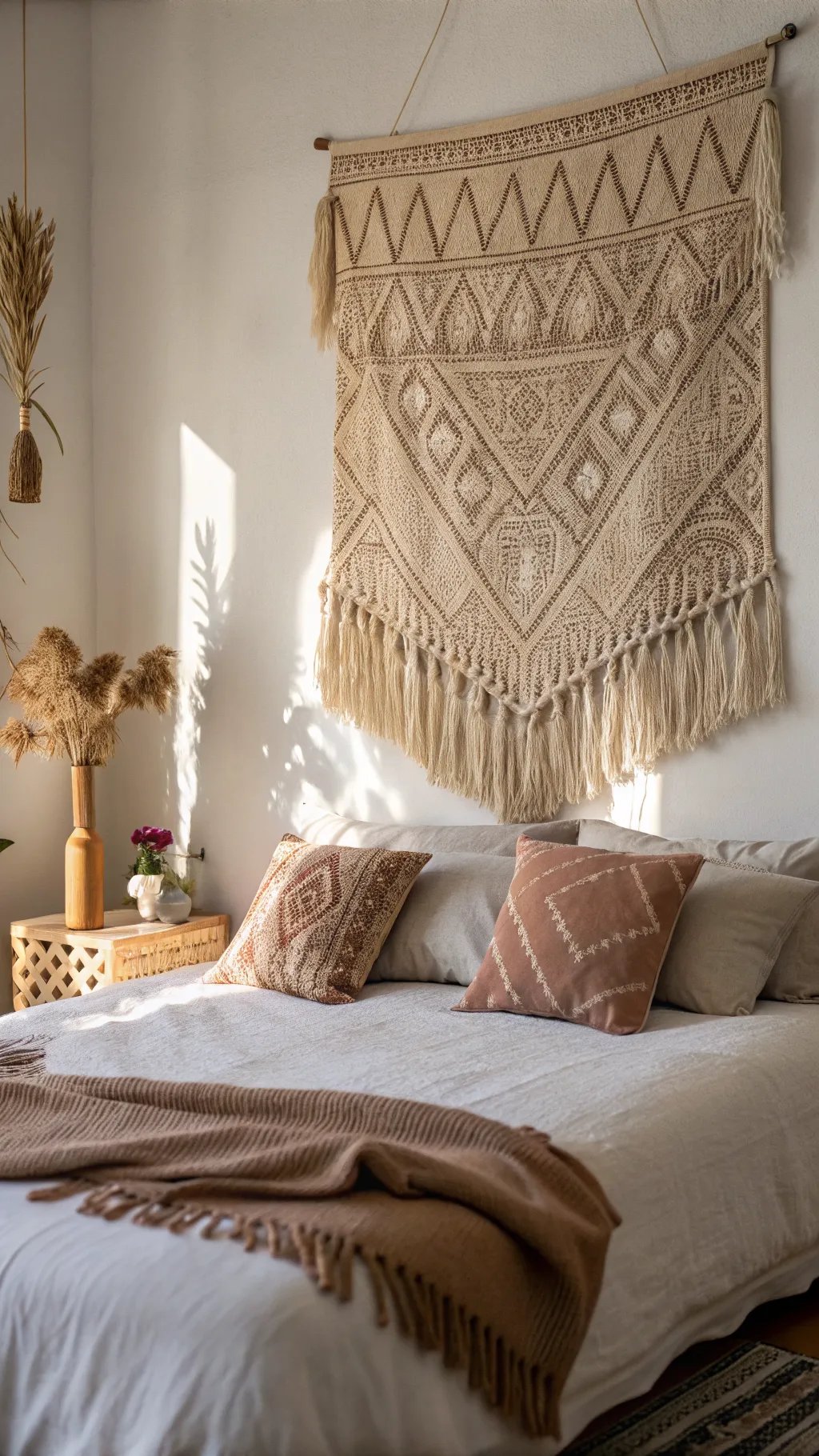 A cozy bedroom featuring a woven tapestry hanging over the bed, complemented by soft bedding and decorative pillows.