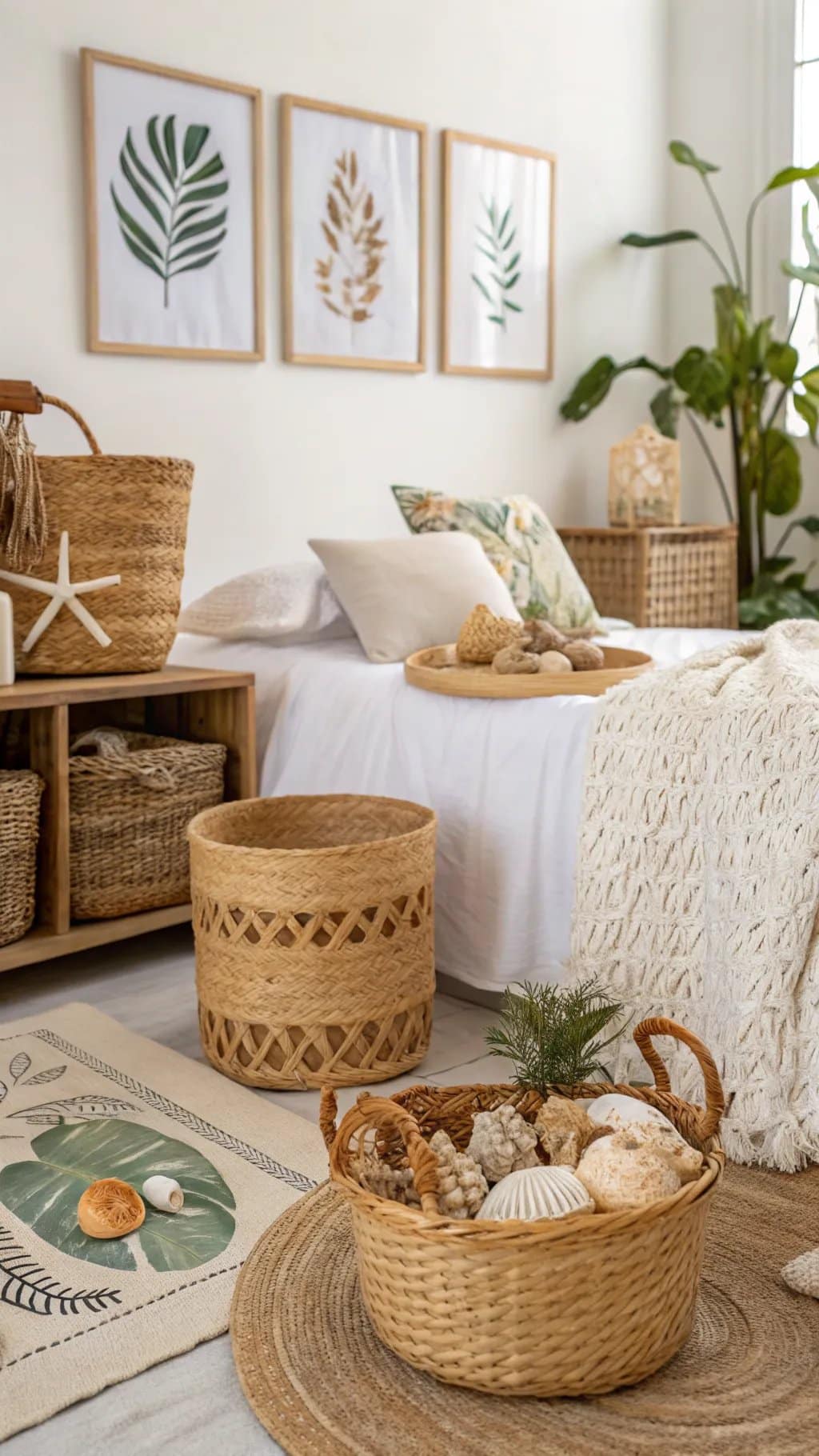 A cozy summer bedroom featuring outdoor-inspired accessories, including woven baskets, botanical artwork, and natural textures.