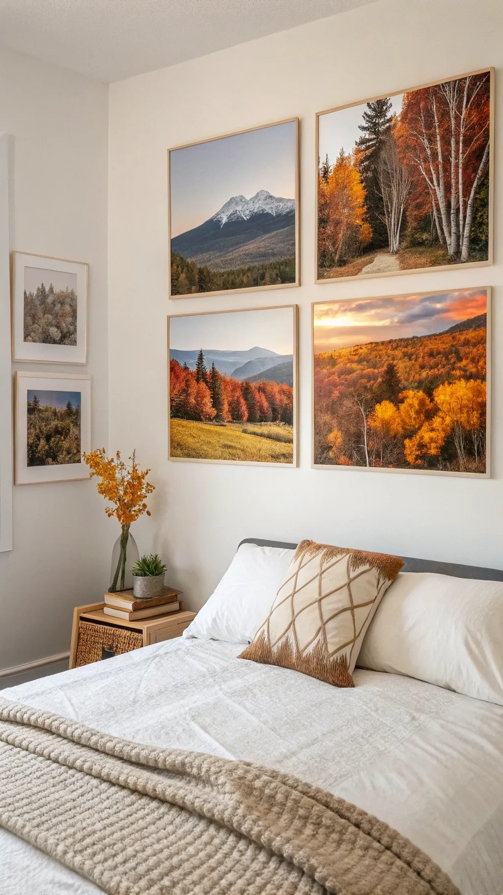 A cozy bedroom with autumn-themed artwork on the walls, showcasing colorful landscapes.
