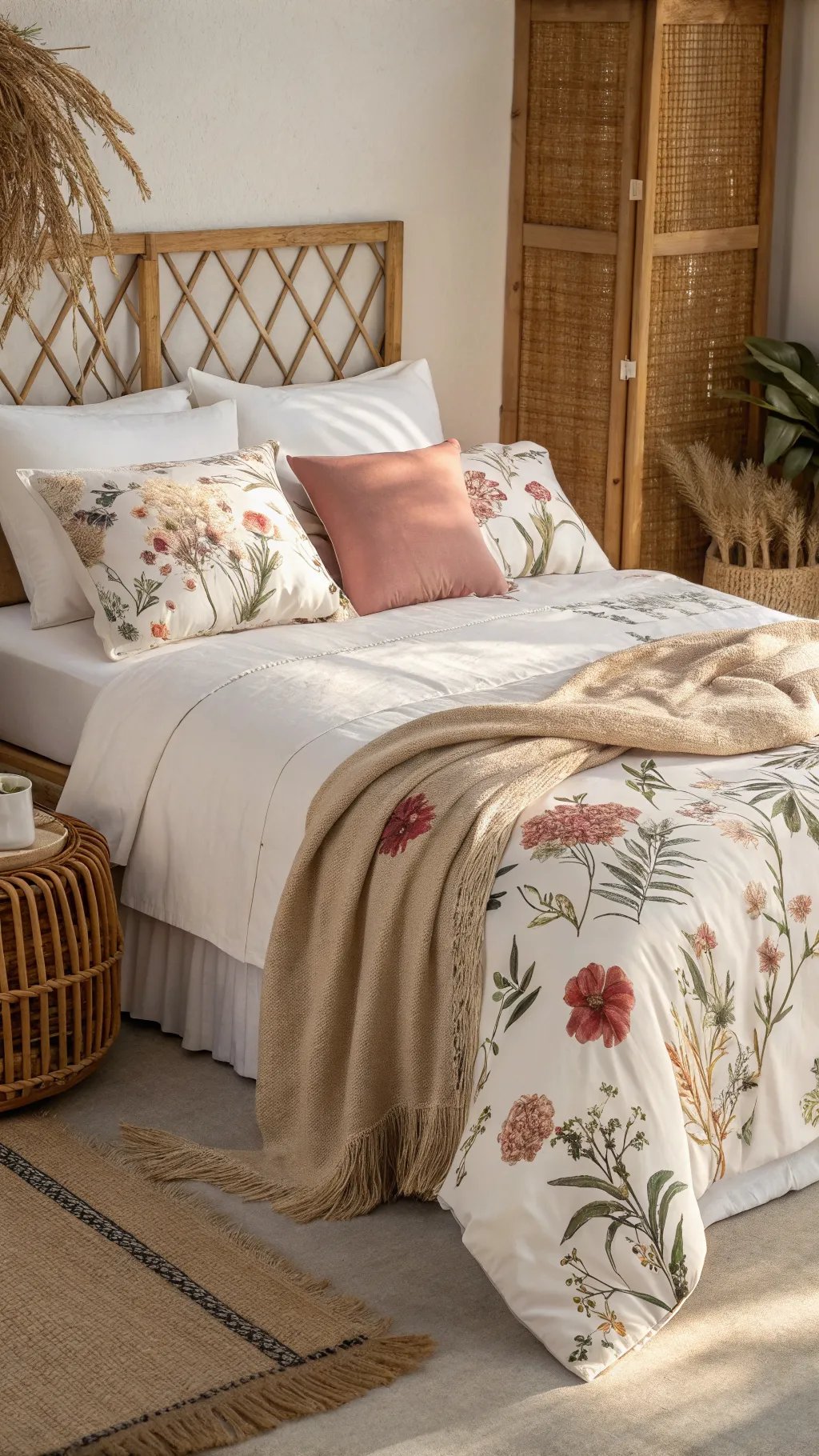 A cozy bedroom featuring floral bedding with a soft color palette, beautifully arranged pillows, and a simple woven throw.