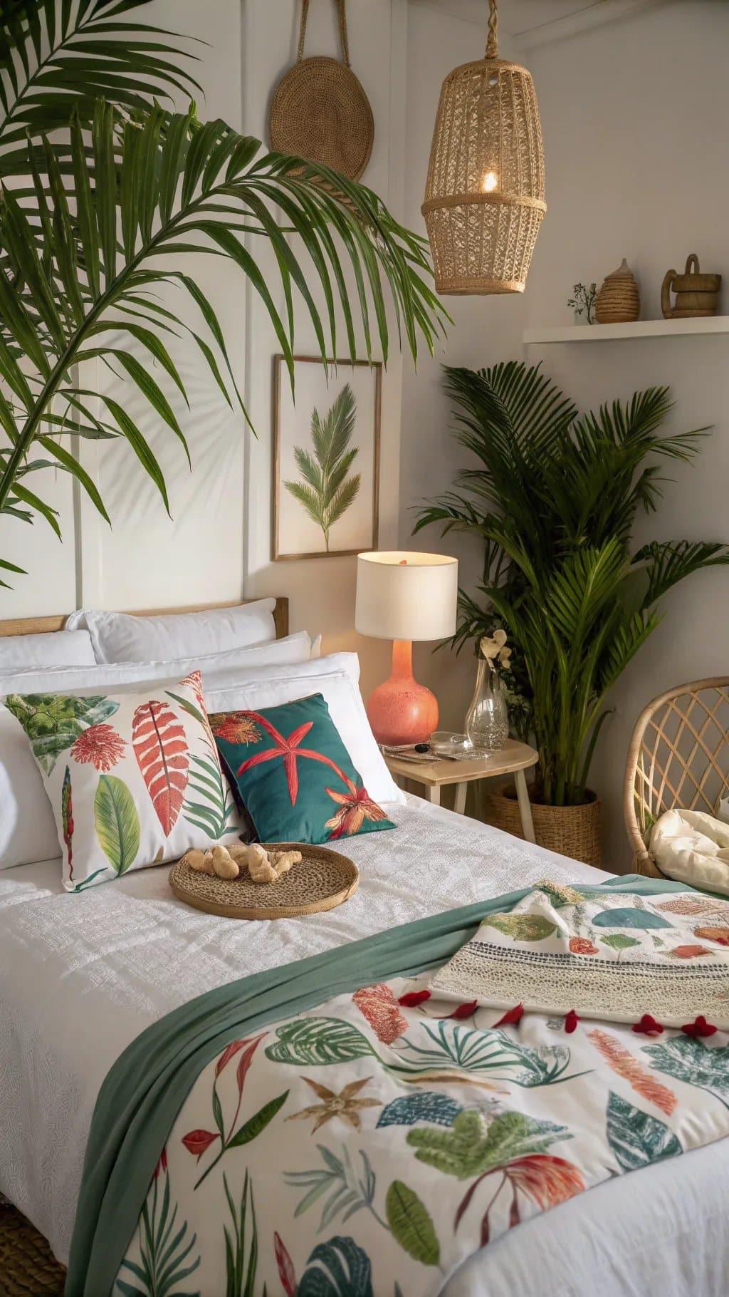 A tropical-inspired bedroom featuring vibrant bedding, green plants, and natural decor elements.