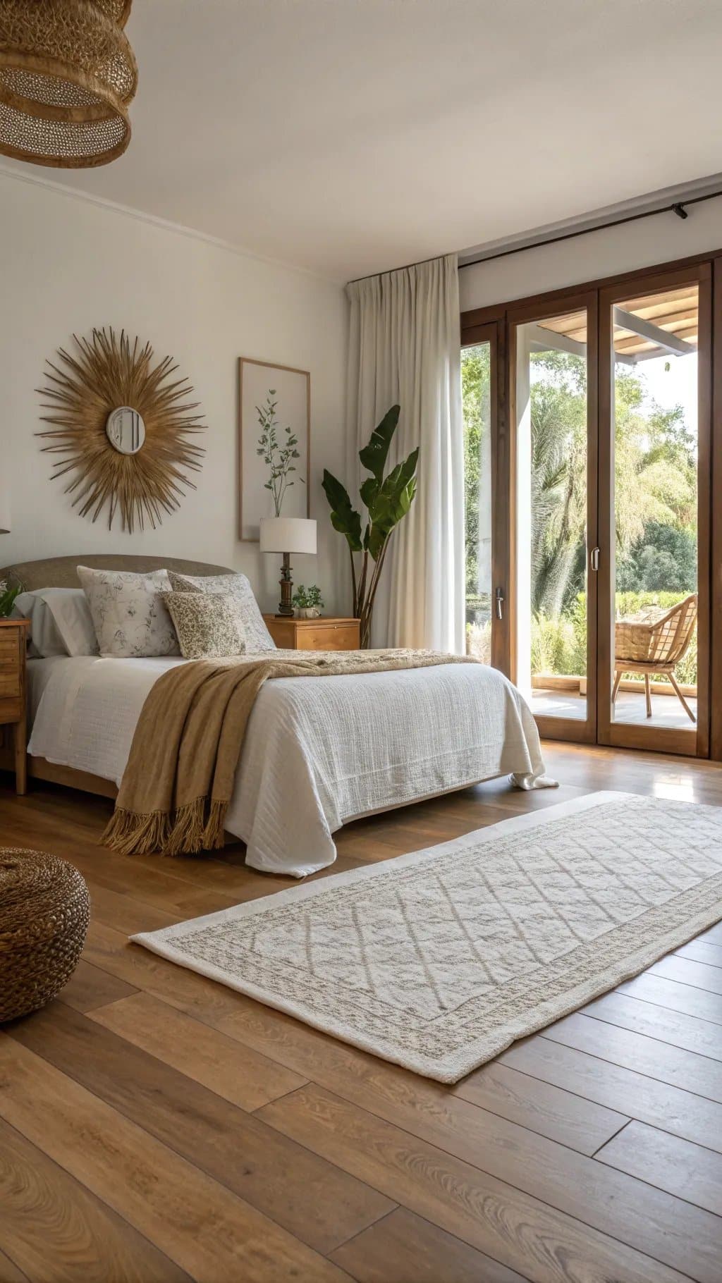A bright summer bedroom with wooden flooring, a comfortable bed, and large windows letting in natural light.