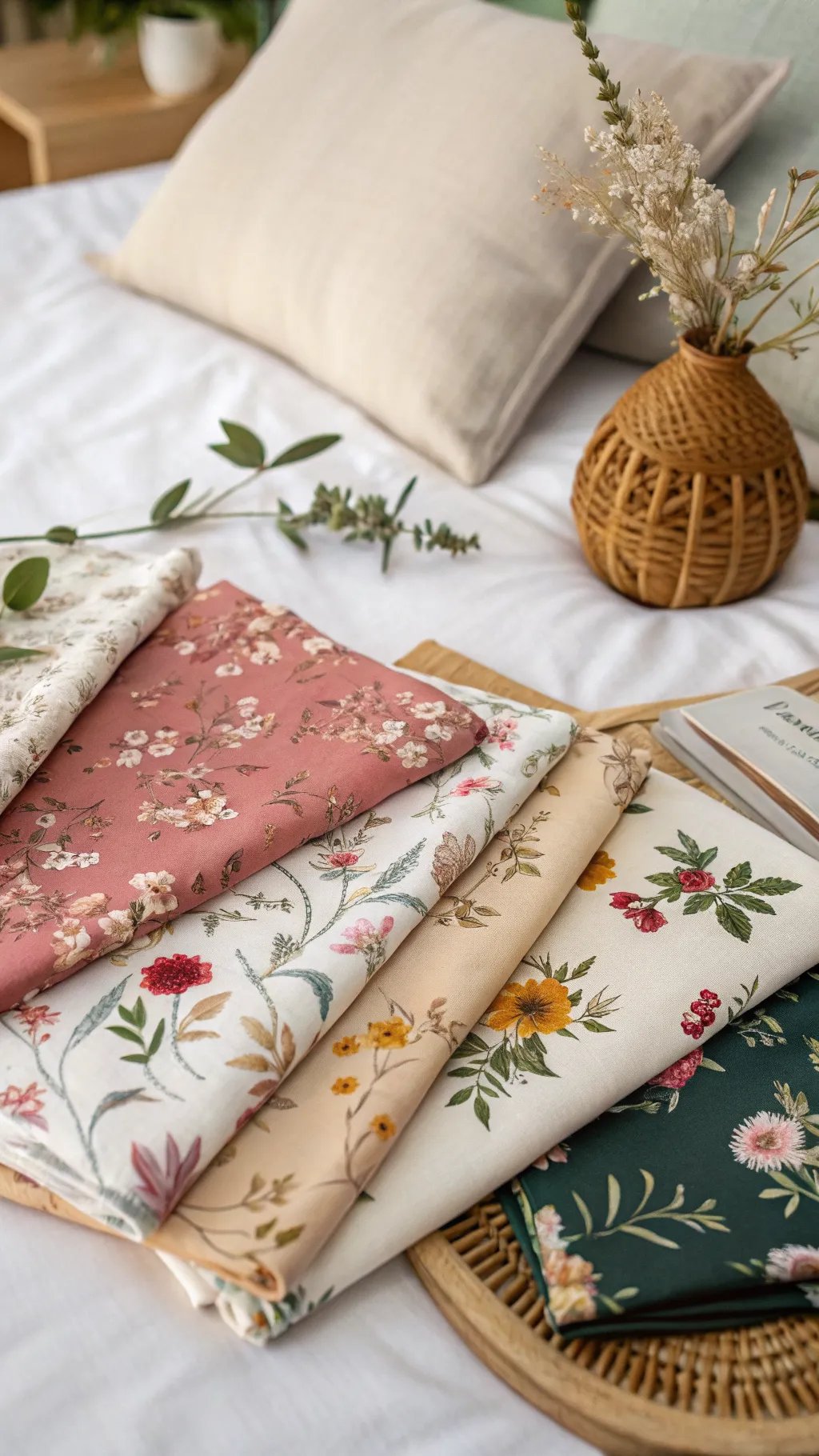 A picturesque display of floral fabric swatches in soft pinks, creams, and greens on a white bedspread.