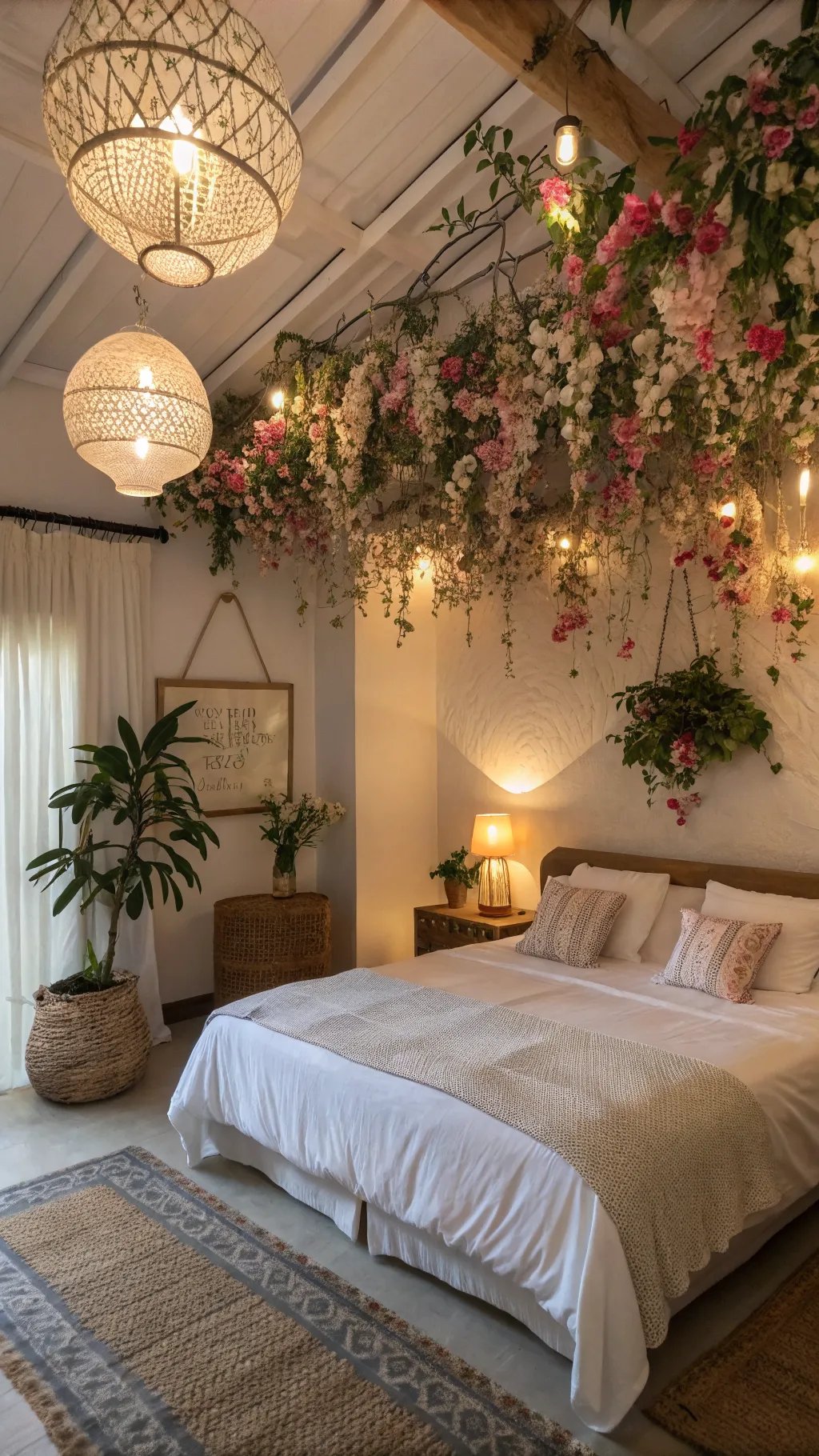 A beautifully decorated bedroom featuring floral decor and warm lighting