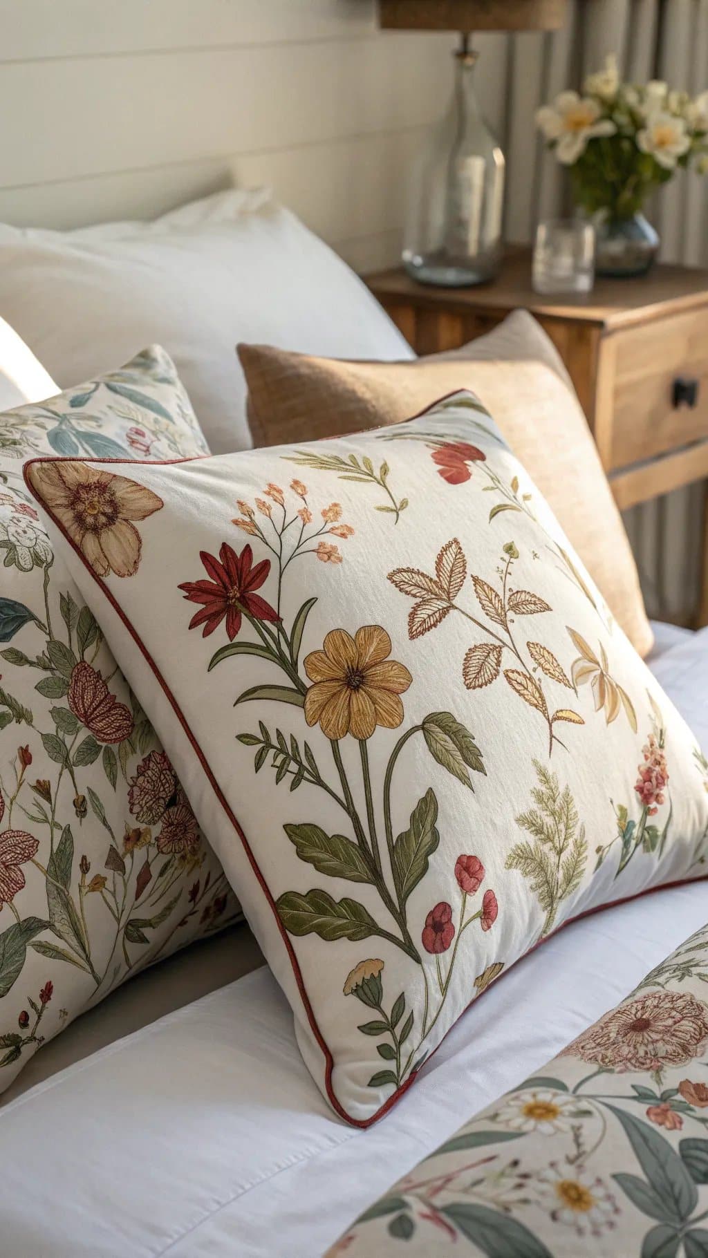 A close-up view of floral decorative pillows on a bed.