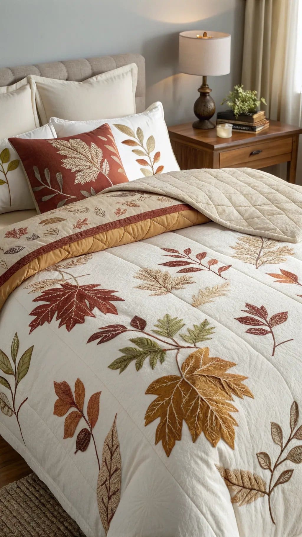 Fall-themed bedding with leaf patterns in warm tones.