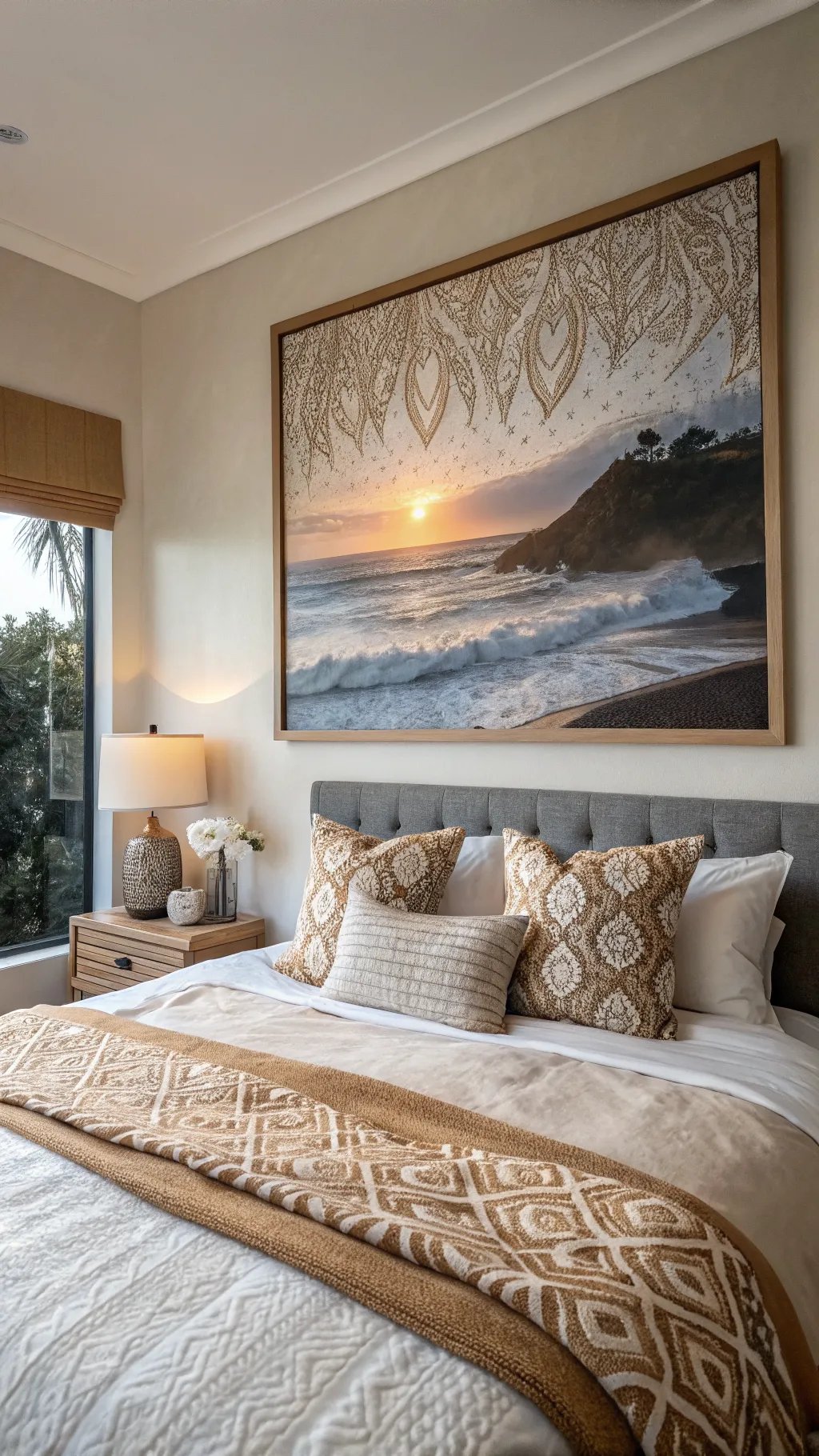 A beautifully styled bedroom featuring a large framed artwork of an ocean sunset above a cozy bed with decorative pillows and warm-toned blankets.