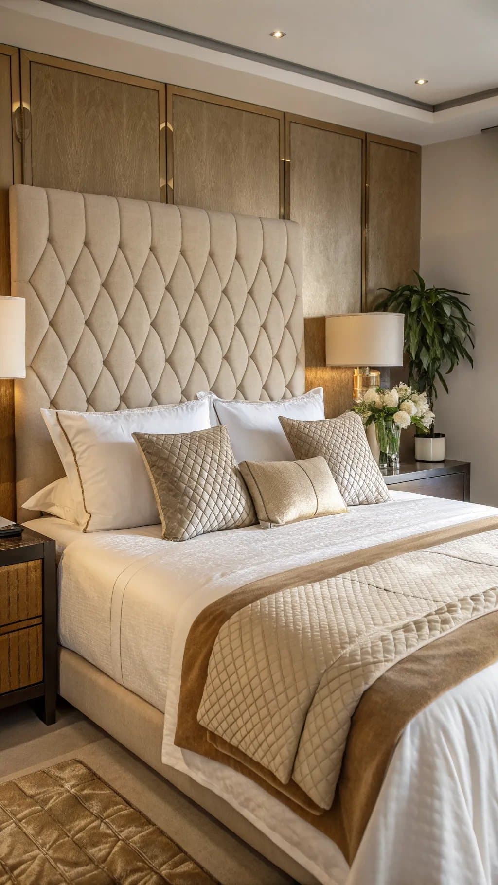 Luxurious bedroom featuring elegant beige bedding and a plush headboard