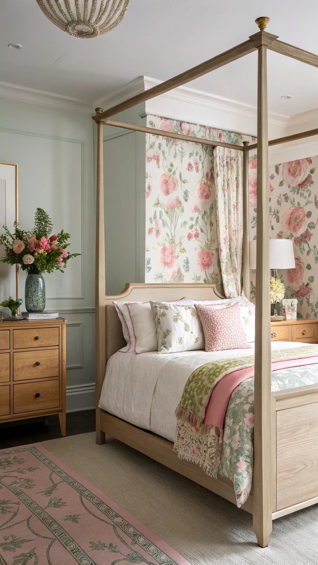 A beautifully designed floral bedroom featuring a canopied bed, floral wallpaper, and decorative pillows.