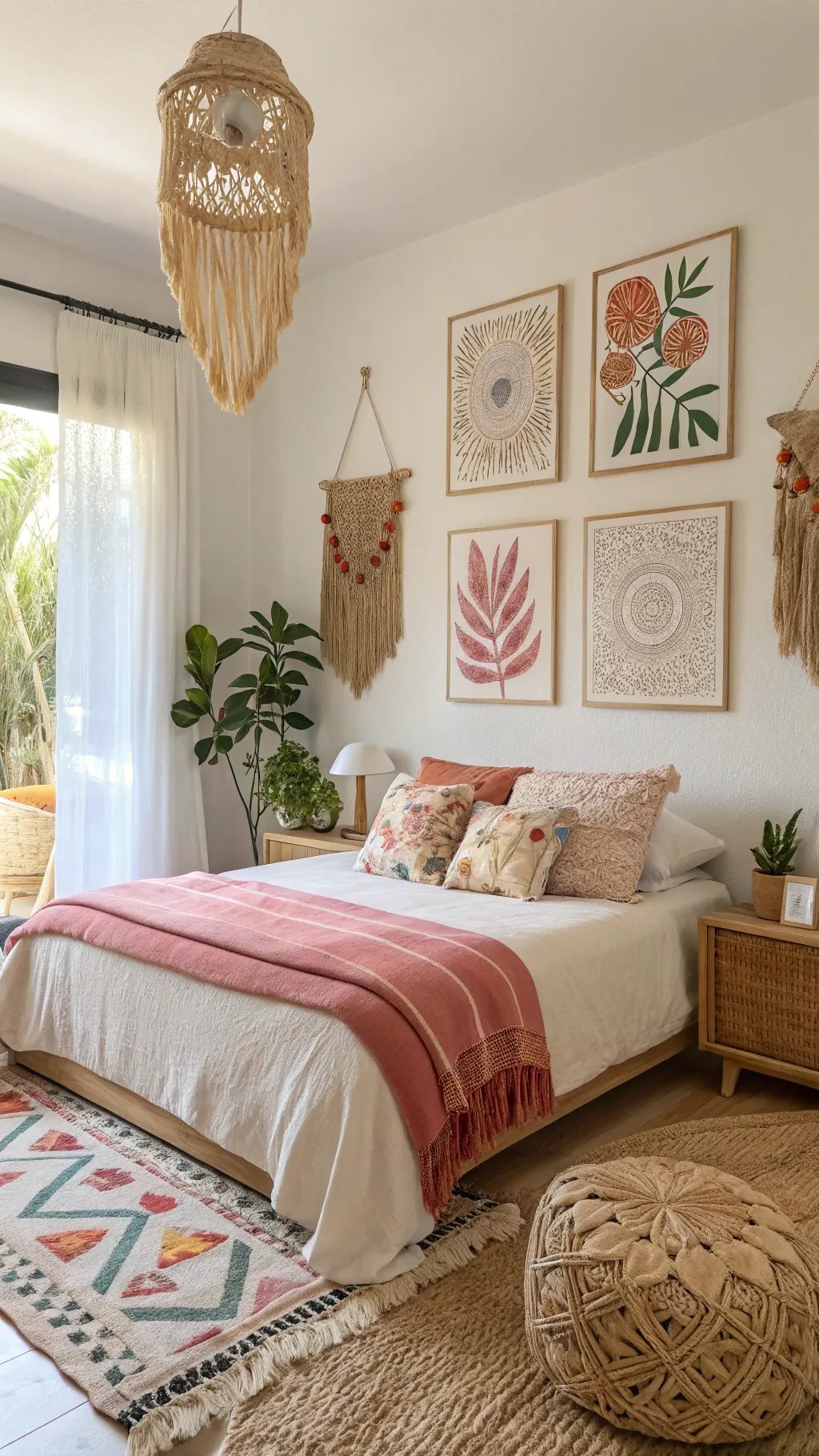 A beautifully styled summer bedroom featuring personalized artwork, soft textiles, and plants creating a cozy atmosphere.