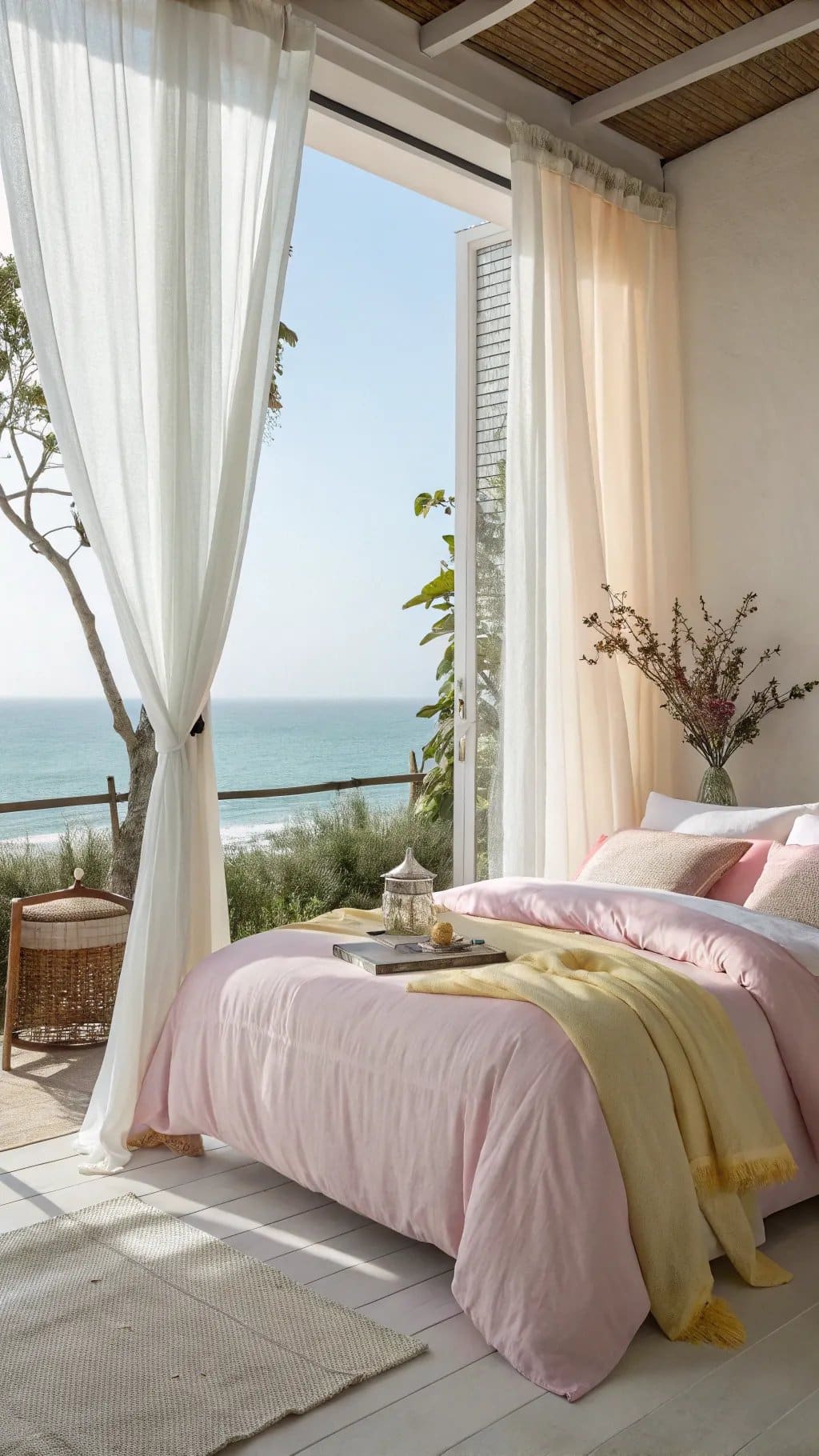 A bright and airy summer bedroom with pastel decor and ocean view