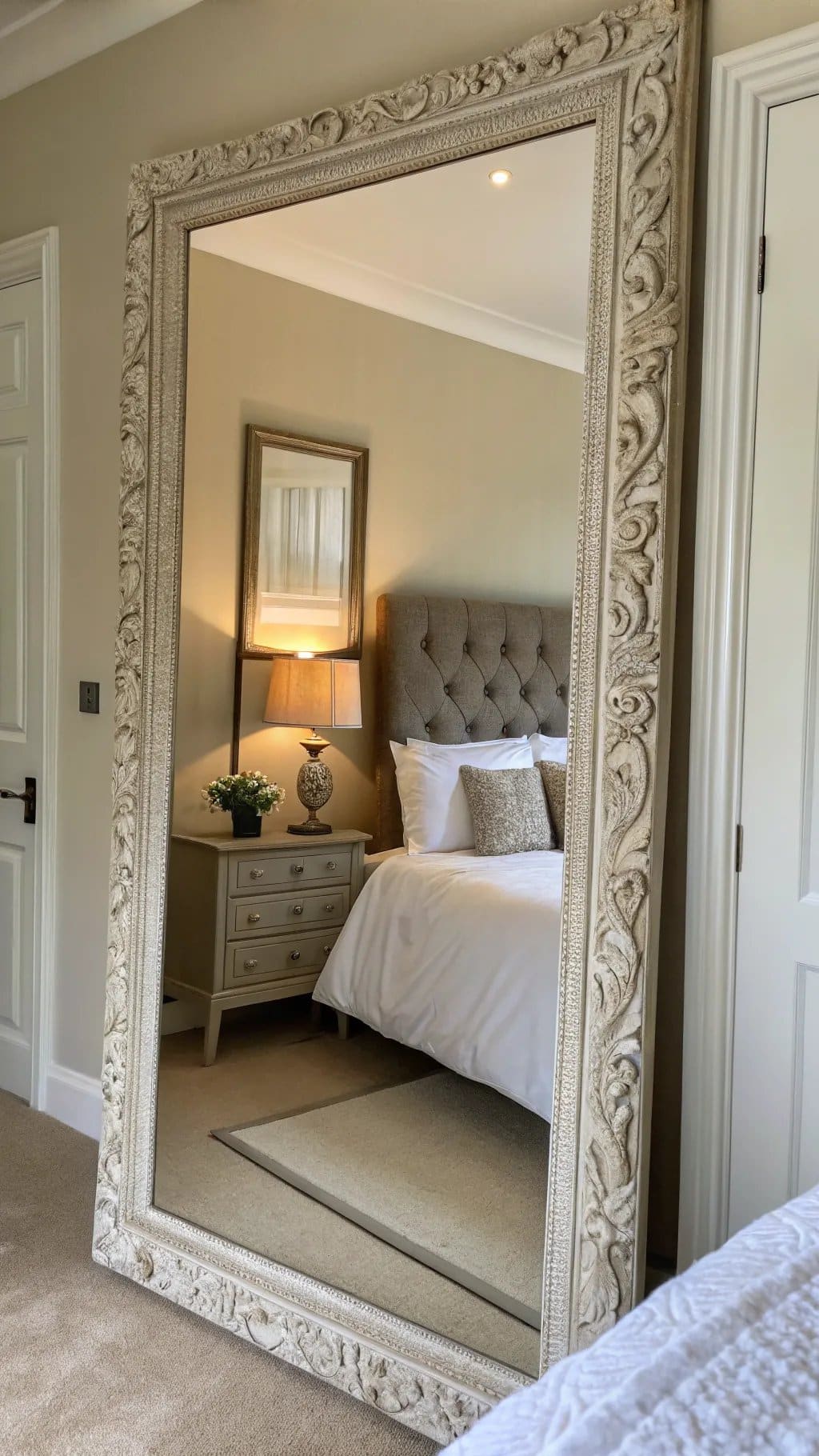 An elegant wall mirror with an ornate frame reflecting a stylish bedroom