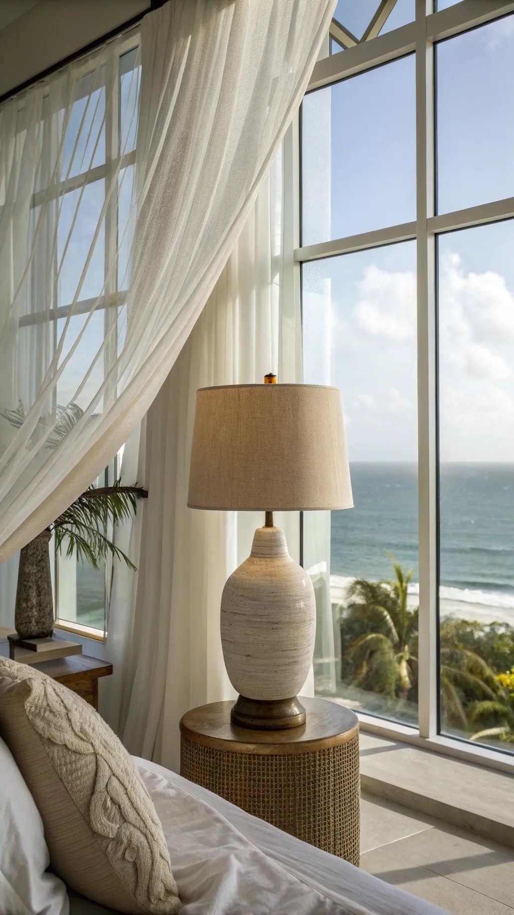 Bright summer bedroom with large windows, sheer curtains, and warm lamp