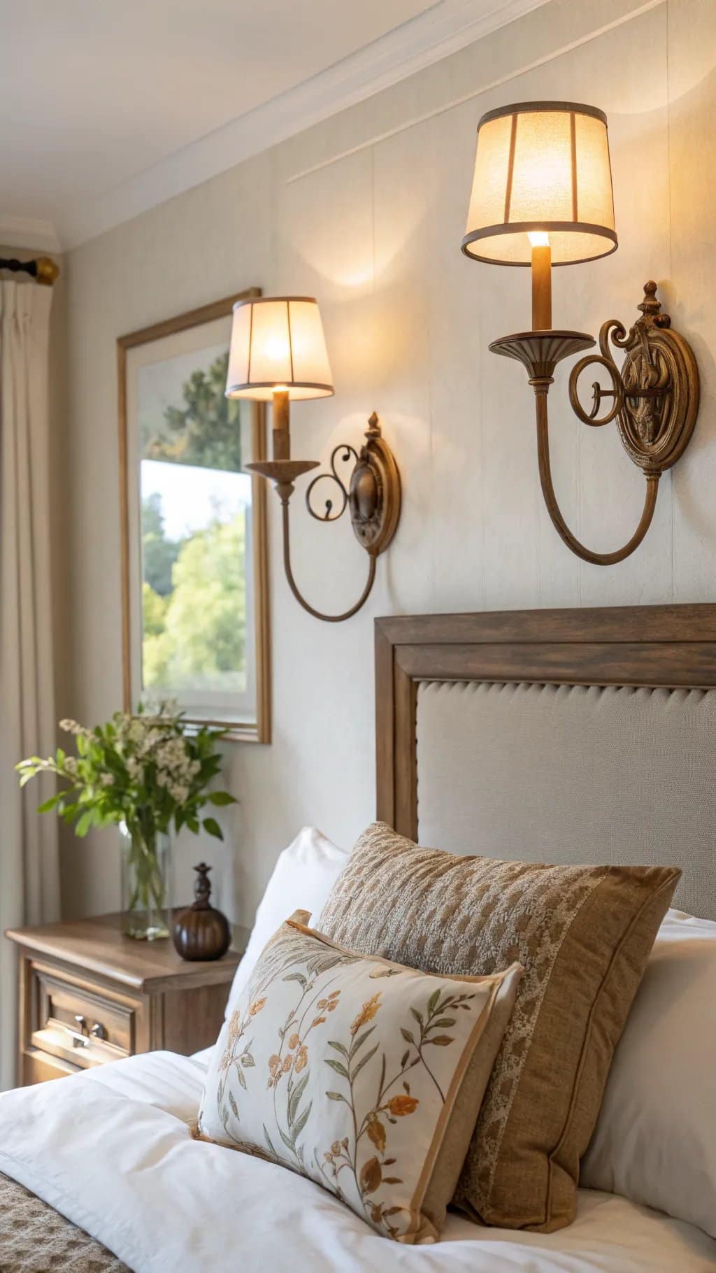 Elegant wall sconces illuminating a well-decorated bedroom