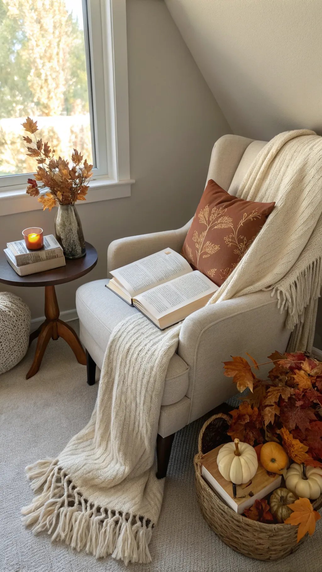 A cozy reading nook featuring an armchair with a warm blanket, a small table with candles and books, and autumn decorations.
