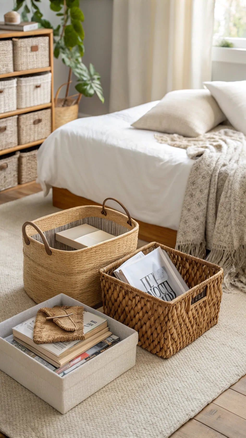 A neatly organized bedroom featuring woven storage baskets and a cozy atmosphere