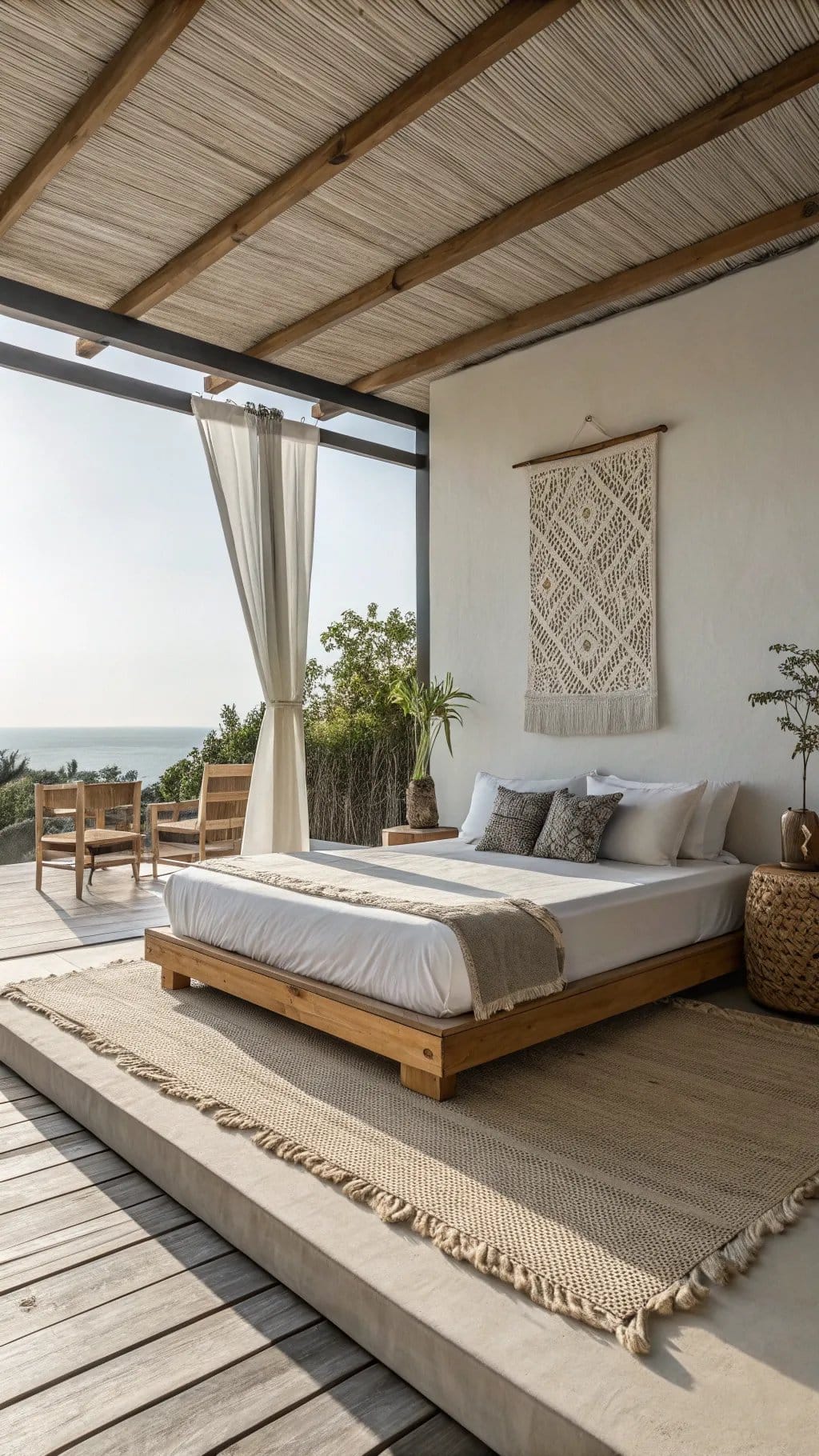 A minimalist summer bedroom with a wooden bed frame, simple bedding, and a scenic view.