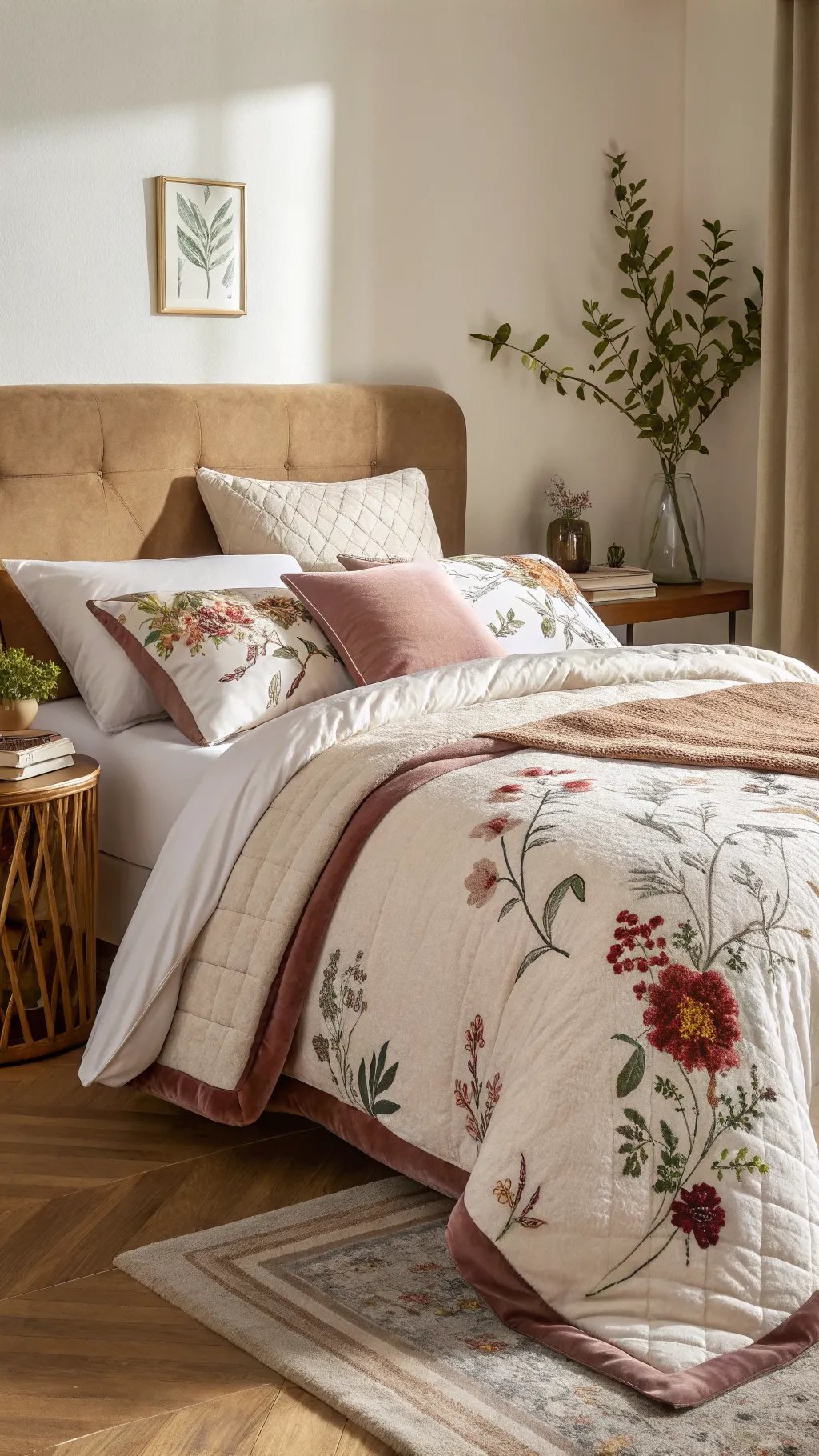 A cozy bedroom featuring floral quilt and pillows, stylish wooden side table, and green plant accents.