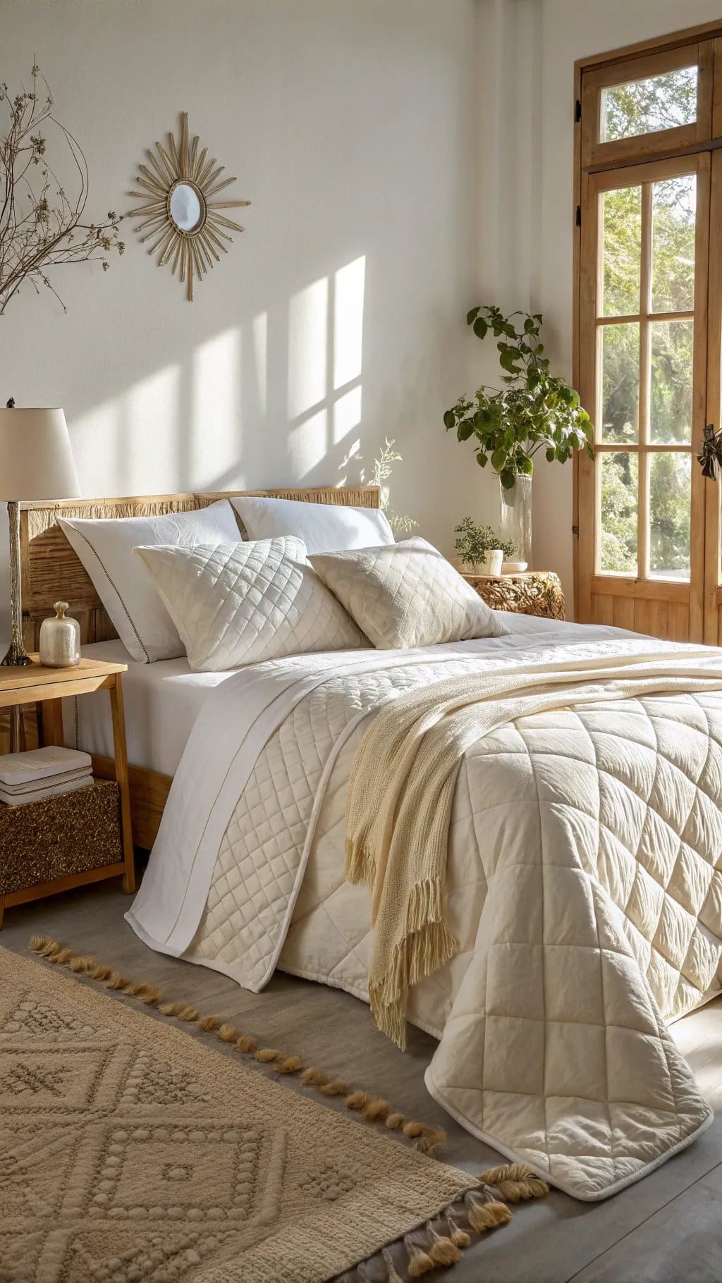 A summer bedroom with lightweight, quilted bedding in soft, neutral tones.