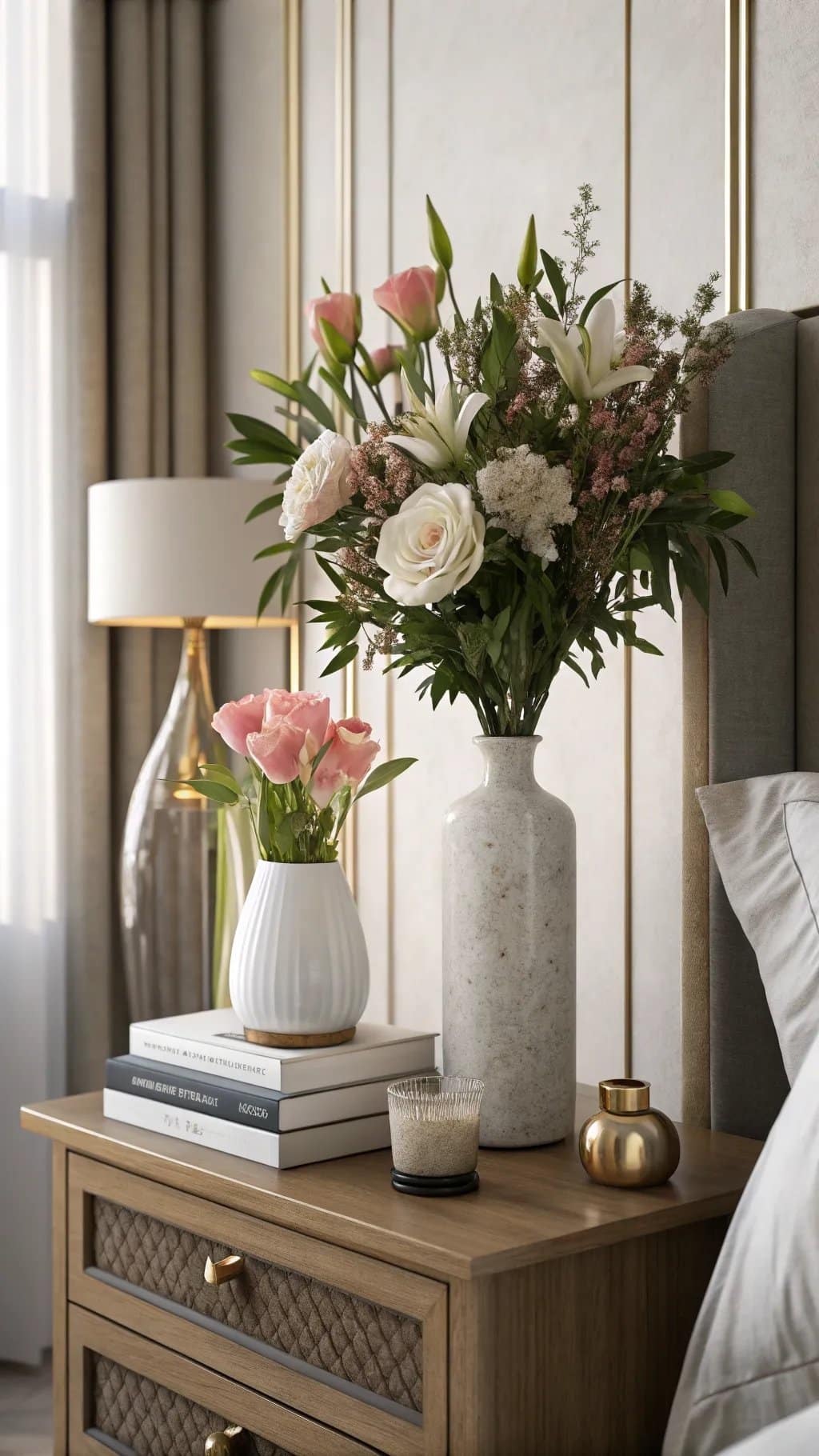 A beautifully decorated bedroom nightstand with floral arrangements in elegant vases.