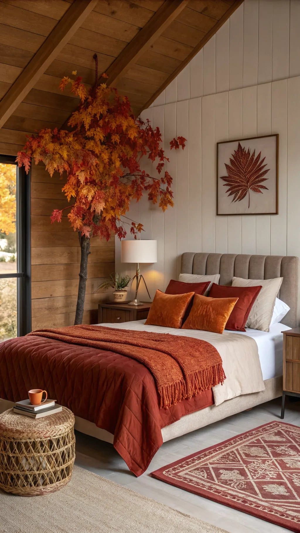 A cozy autumn-themed bedroom featuring warm orange and rust accents, a quilted blanket, decorative pillows, and a tree with vibrant leaves.