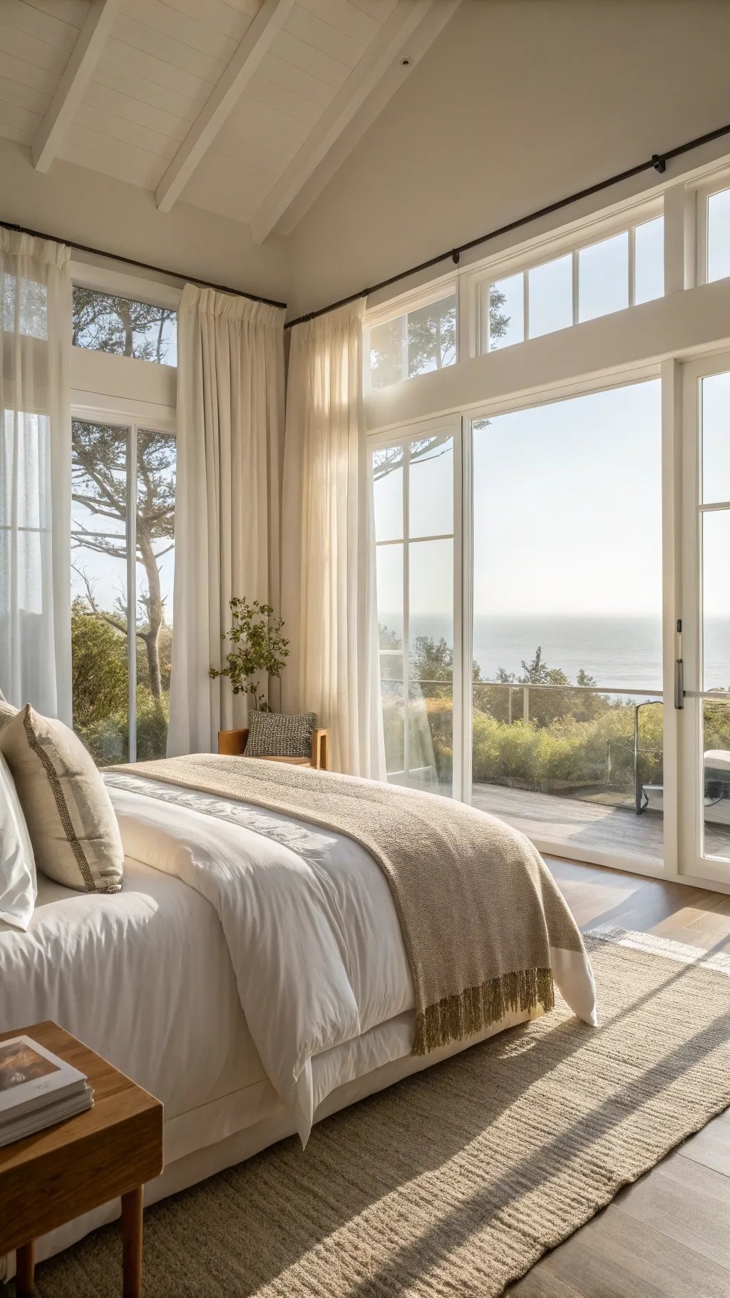 A bright and airy summer bedroom with large windows and soft curtains.