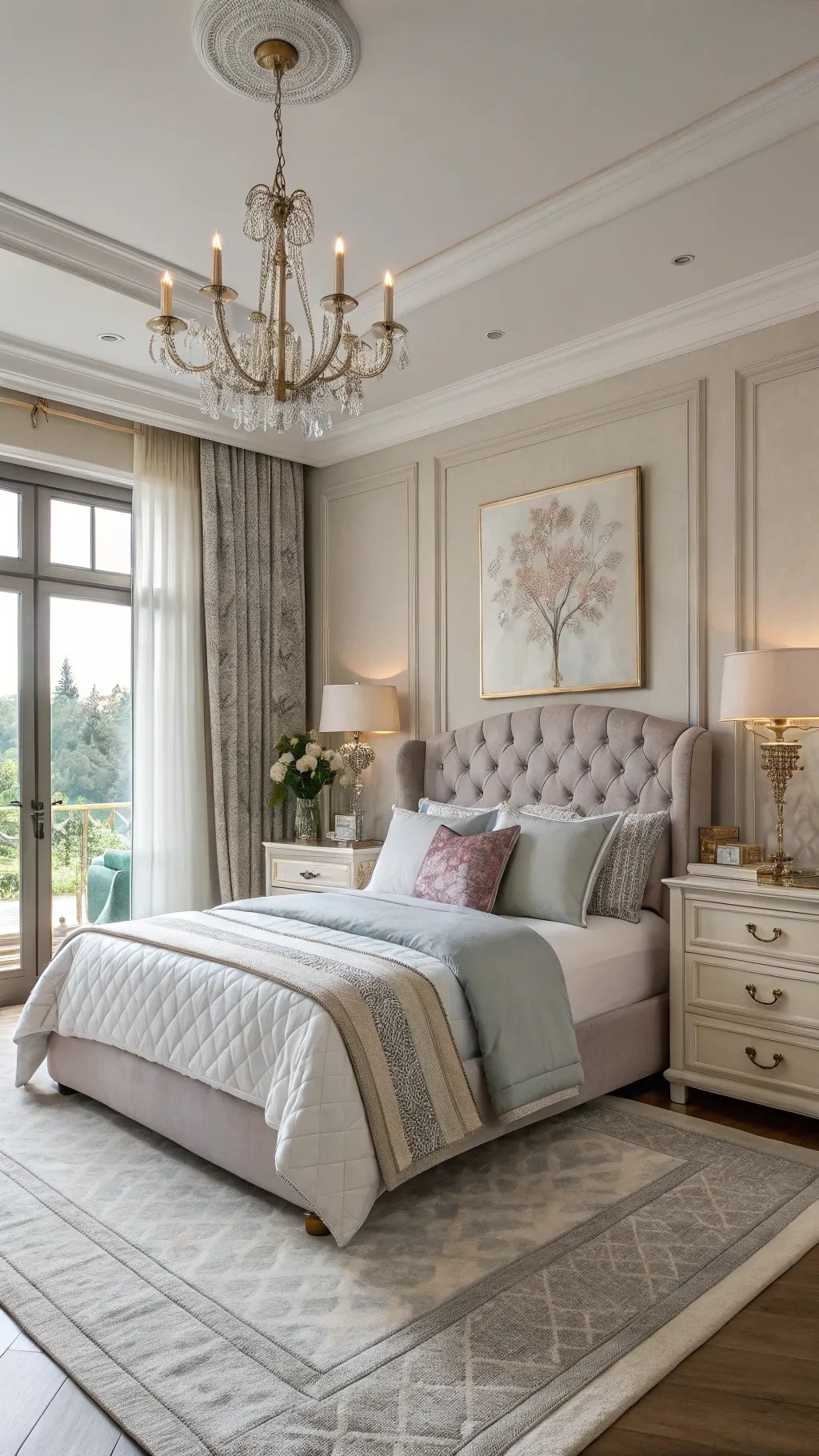 A classy bedroom featuring elegant color palettes of soft neutrals and pastel tones, with a plush headboard and chic decor.