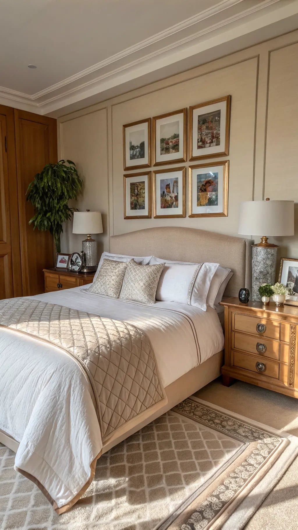 A classy bedroom with elegant decor, showcasing wall art, tasteful lamps, and cozy bedding.