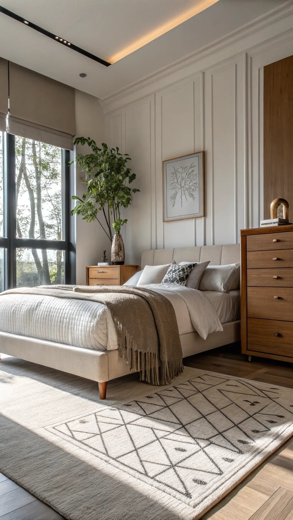 Stylish and functional bedroom with a cozy layout, comfortable bed, side tables, and a warm rug.