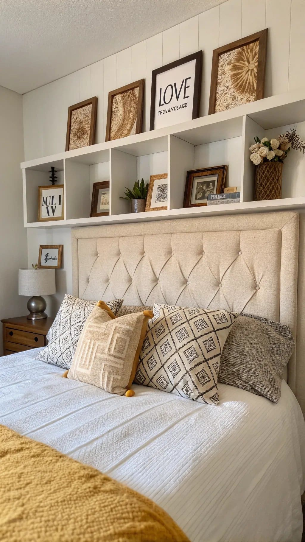 A beautifully styled bedroom featuring a tufted headboard and decorative accents above it, including framed artwork and plants.