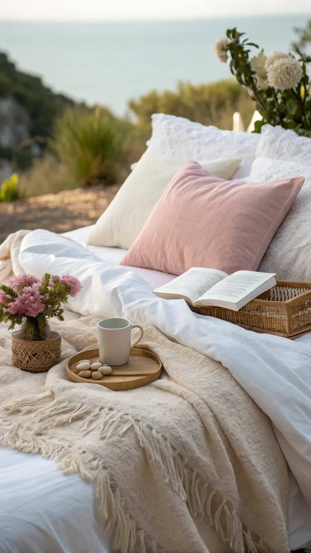 A cozy summer bedroom setup featuring lightweight bedding, soft pillows, a cup of tea, and a vase of flowers against a scenic background.