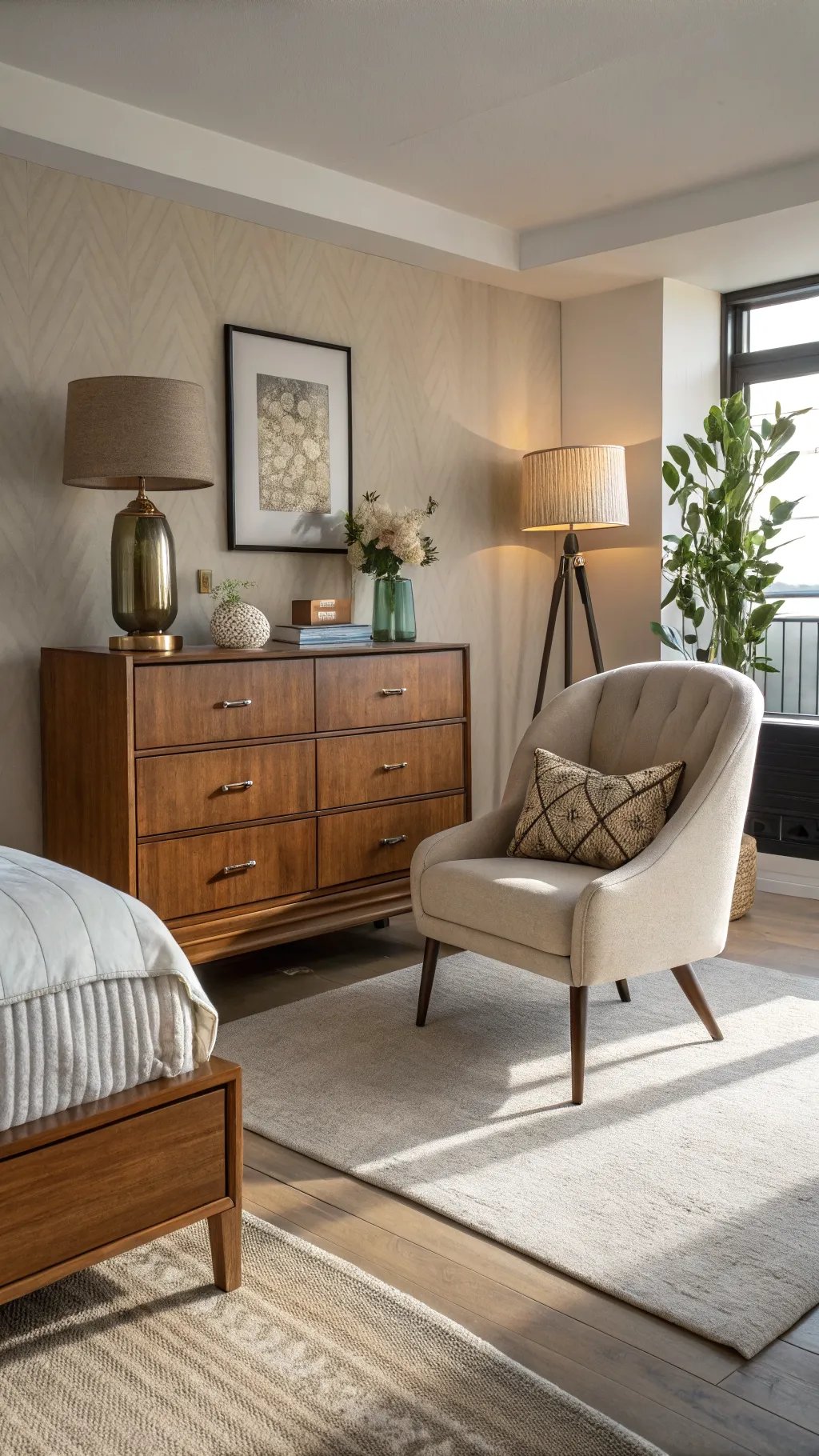 Stylish bedroom featuring sophisticated furniture including a wooden chest of drawers, an armchair, and elegant lighting.