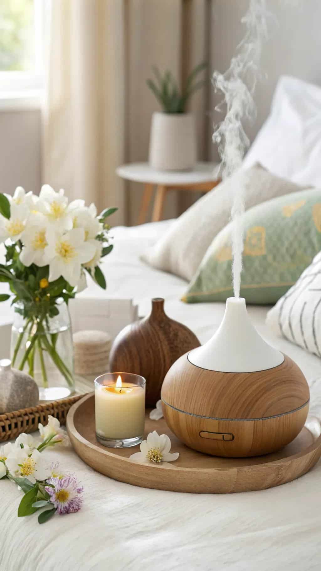 A calming bedroom scene featuring a diffuser, a candle, and fresh flowers on a tray.