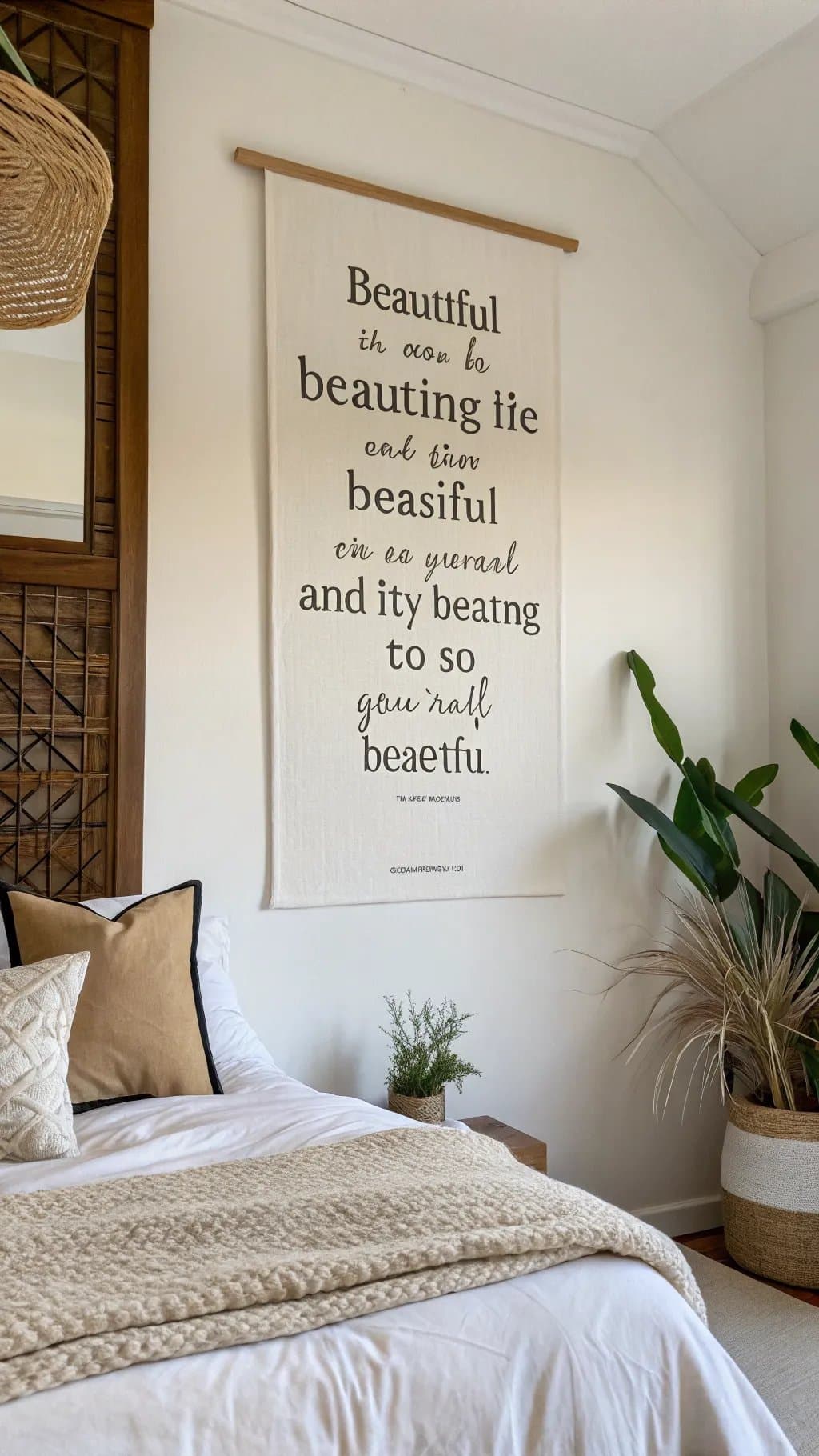 A minimalist fabric wall art piece with an inspirational quote displayed above a bed, surrounded by calming bedroom decor.