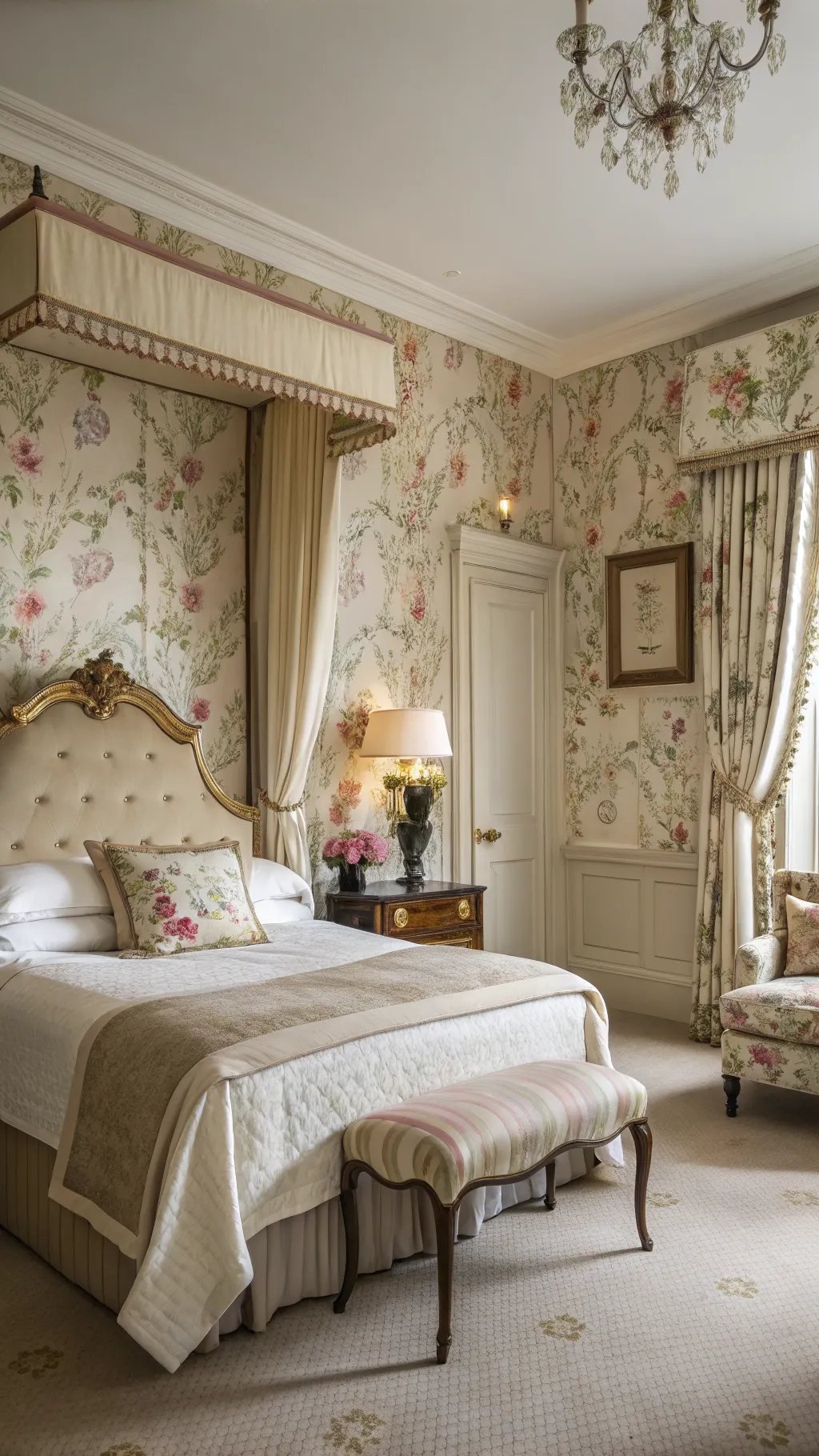 A cozy bedroom featuring floral wallpaper, elegant furnishings, and soft colors.