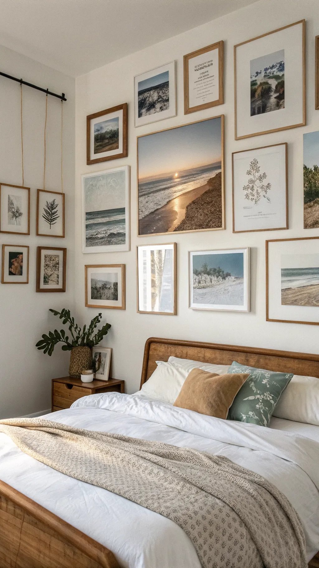 A bedroom featuring a gallery wall of framed artworks above the bed, with a cozy bed setup and a plant in a decorative pot.